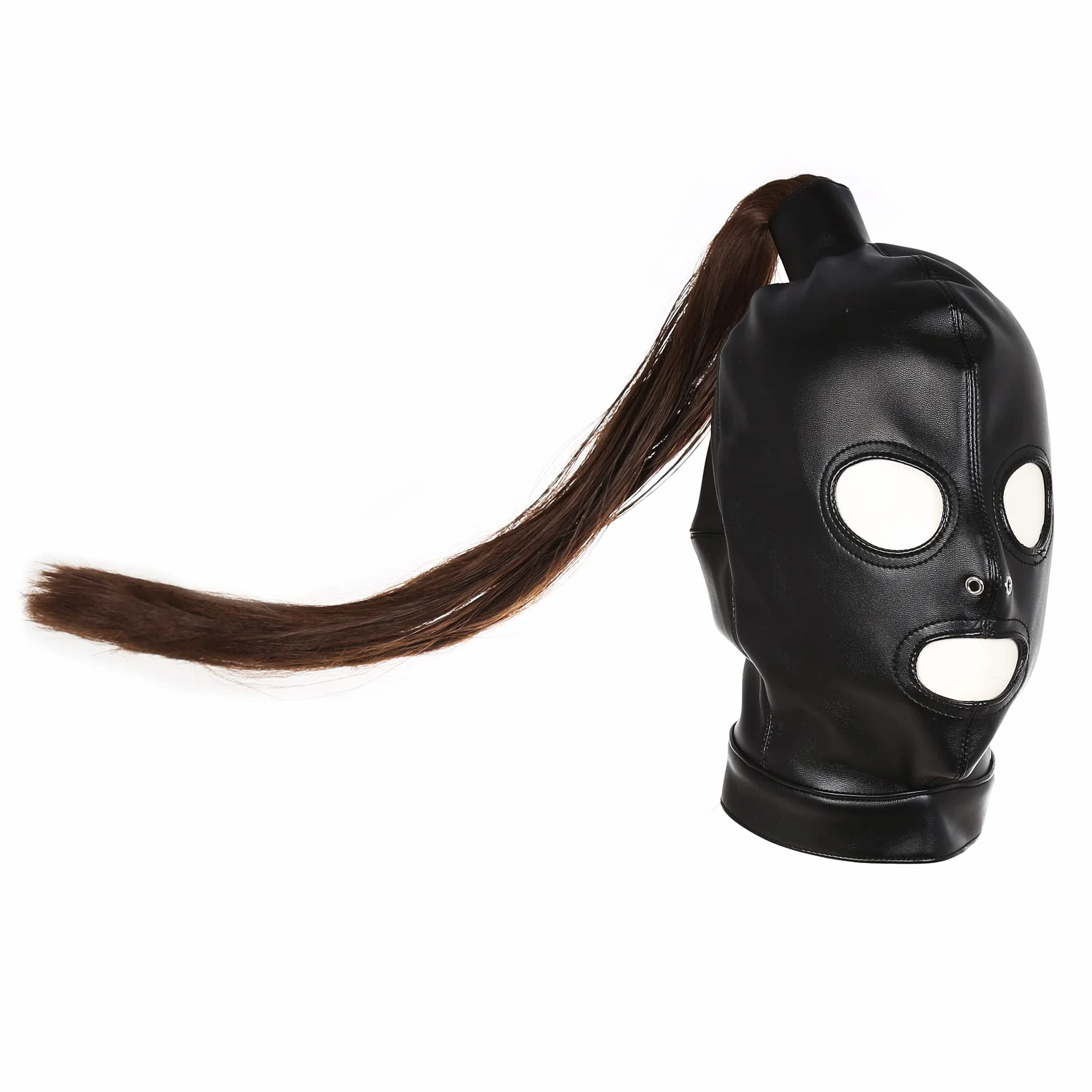 SXOVO Maschera da testa in pelle per preliminari cappuccio bondage con parrucca rimovibile BDSM
