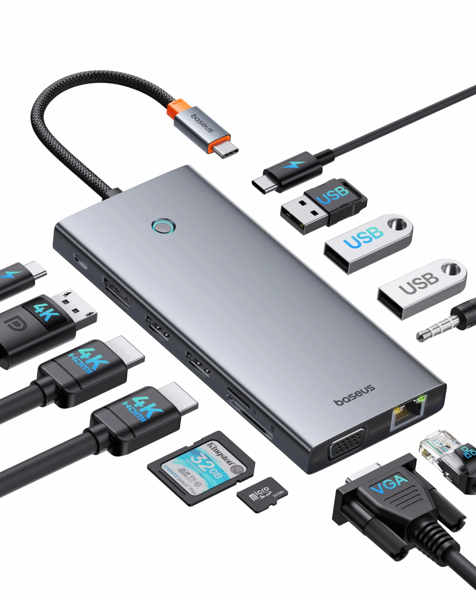 Baseus Docking Station USB-C 3 Monitor, Chip Ottimizzato,13-In-1 Hub USB-C, 2*HDMI e 1*DP 4K 60Hz, VGA, USB 3.1, PD 100W, Ethernet, Per Laptop