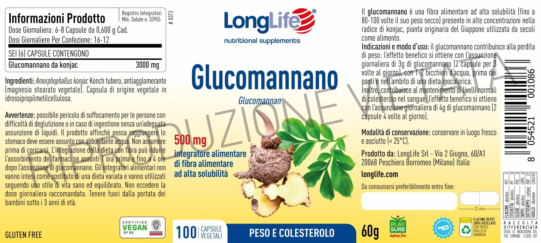 LongLife Glucomannano 3000 mg 100 capsule vegetali Metabolismo carboidrati colesterolo Benessere intestinale Vegano