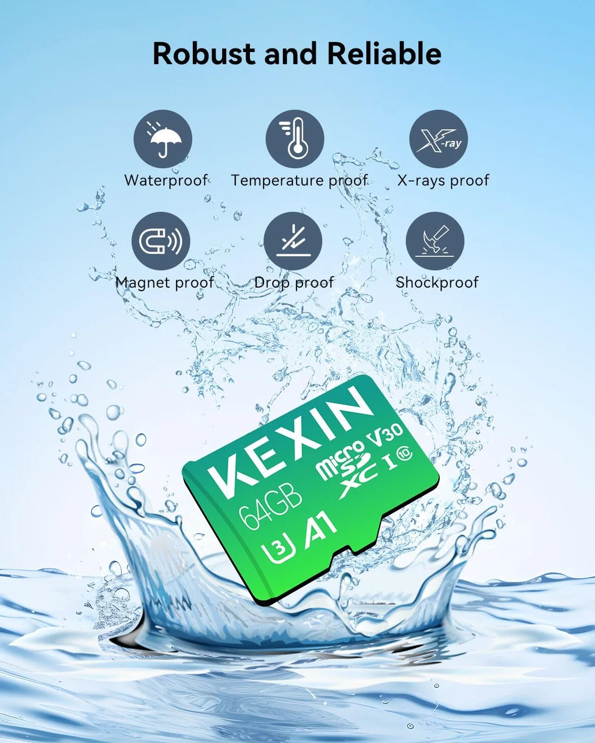 KEXIN Micro SD 64 GB, Scheda Micro SD con Adattatore SD Scheda di Memoria microSDXC 64GB, A1, U3, C10, V30, Micro SD Card TF Scheda confezione da 5