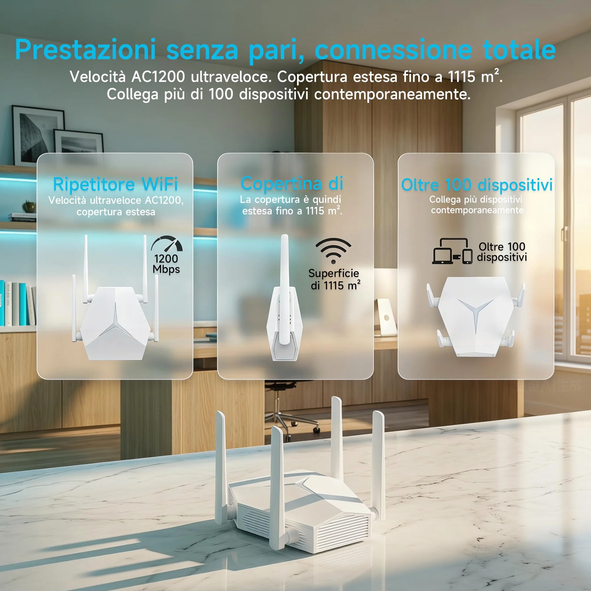 Ripetitore WiFi 1167Mbps Doppia Banda 2.4G+5G, Amplificatore Segnale per Casa Ufficio, Elimina Zone Morte, Compatibile con Router