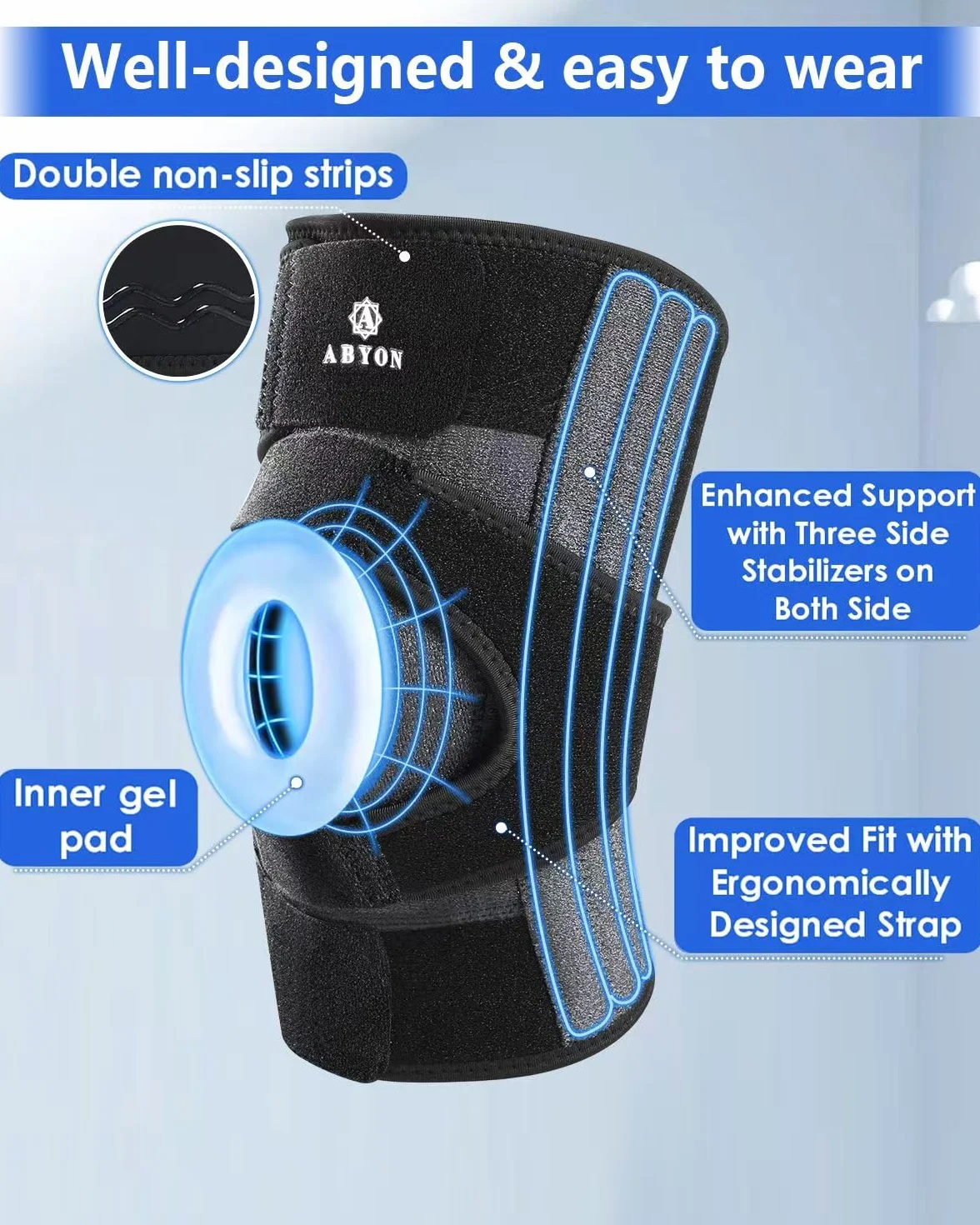 ABYON Ginocchiera Ortopedica Uomo Donna Artriti Menisco ACL Stabilizzatori Tripli Cintura Regolabile 360° Sollievo Dolore
