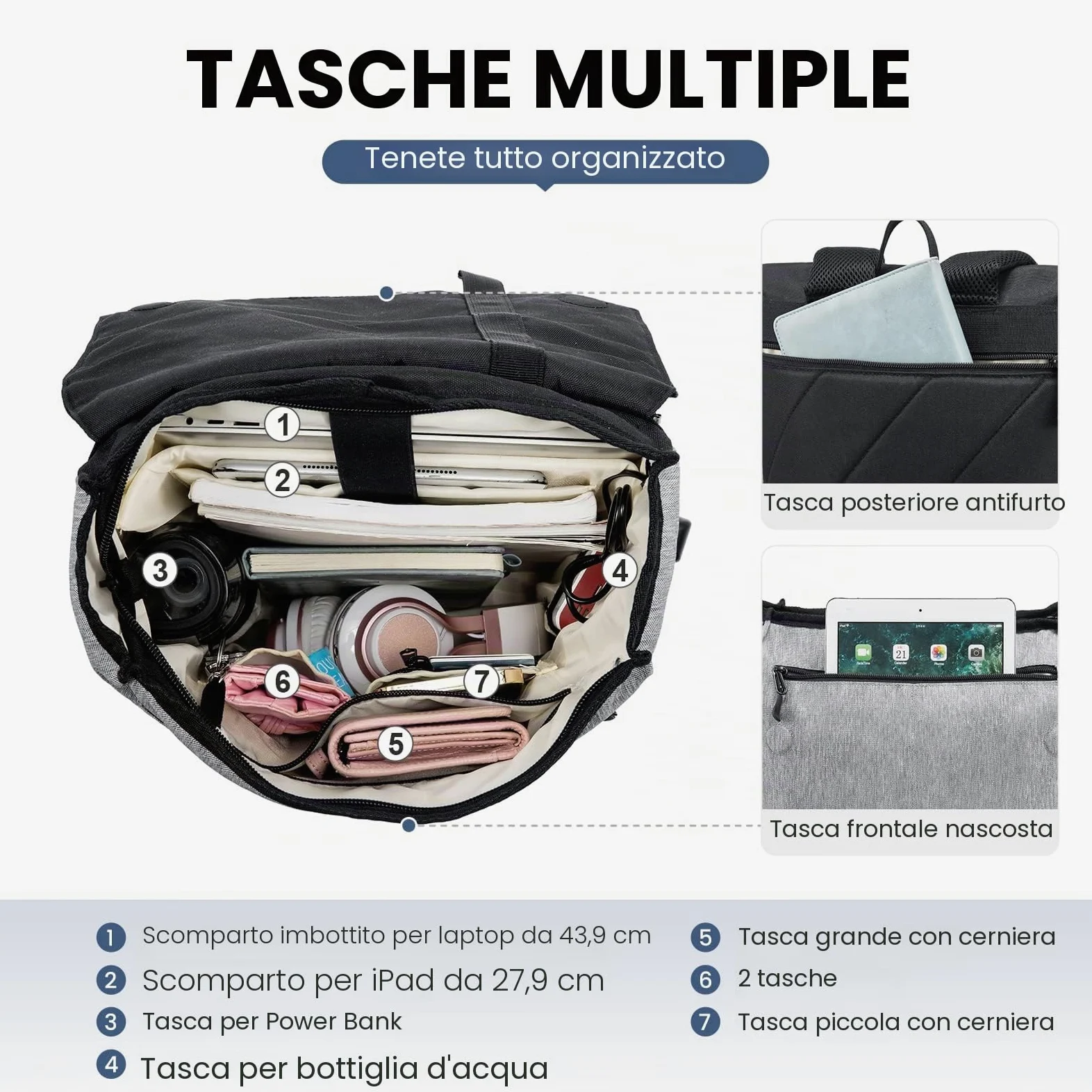 LOVEVOOK Zaino da donna elegante zaino impermeabile con scomparto per computer portatile da 17 pollici e custodia antifurto per gite, università, scuola e ufficio, grigio/nero