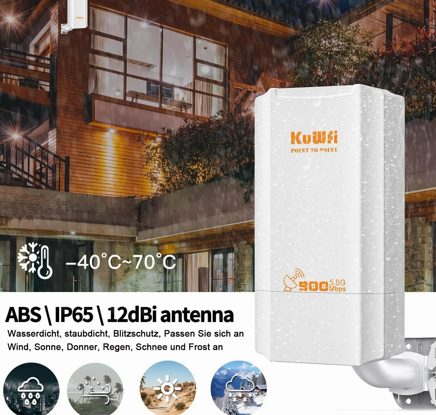 KuWFi Bridge WLAN 5,8 GHz, 900 Mbps Outdoor Wireless Bridges, 2 KM Point to Point WiFi Bridges,12 dBi Antenna 24 V PoE, IP65 Impermeabile Network Bridge per router Starlink/fotocamere/giardino/fienile