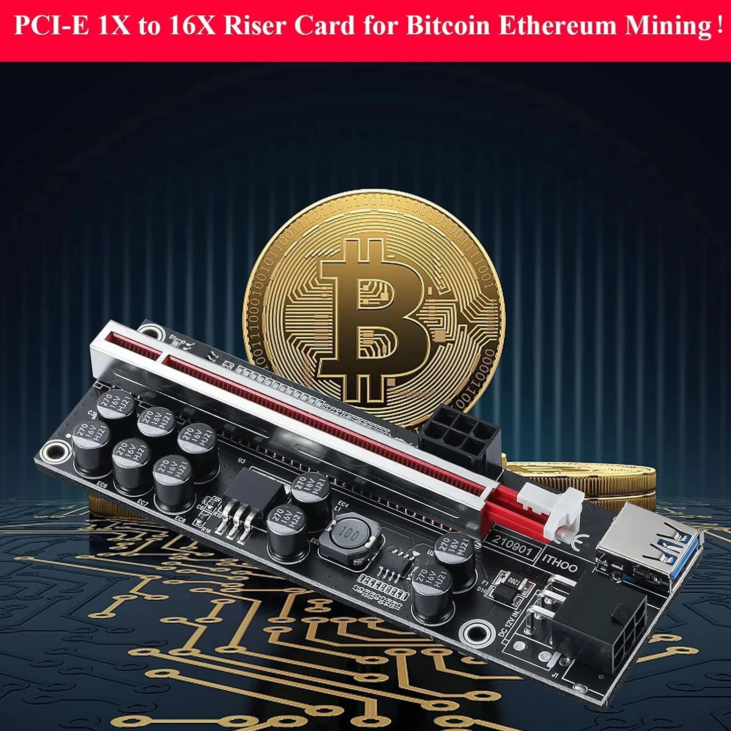 VER009S Scheda Riser PCIE da 1X a 16X per GPU, con cavo di estensione USB 3.0 da 0,6 m - Cavo di alimentazione SATA a 6 pin - Scheda adattatore GPU Extender per Bitcoin Ethereum Mining ETH (6 pezzi)