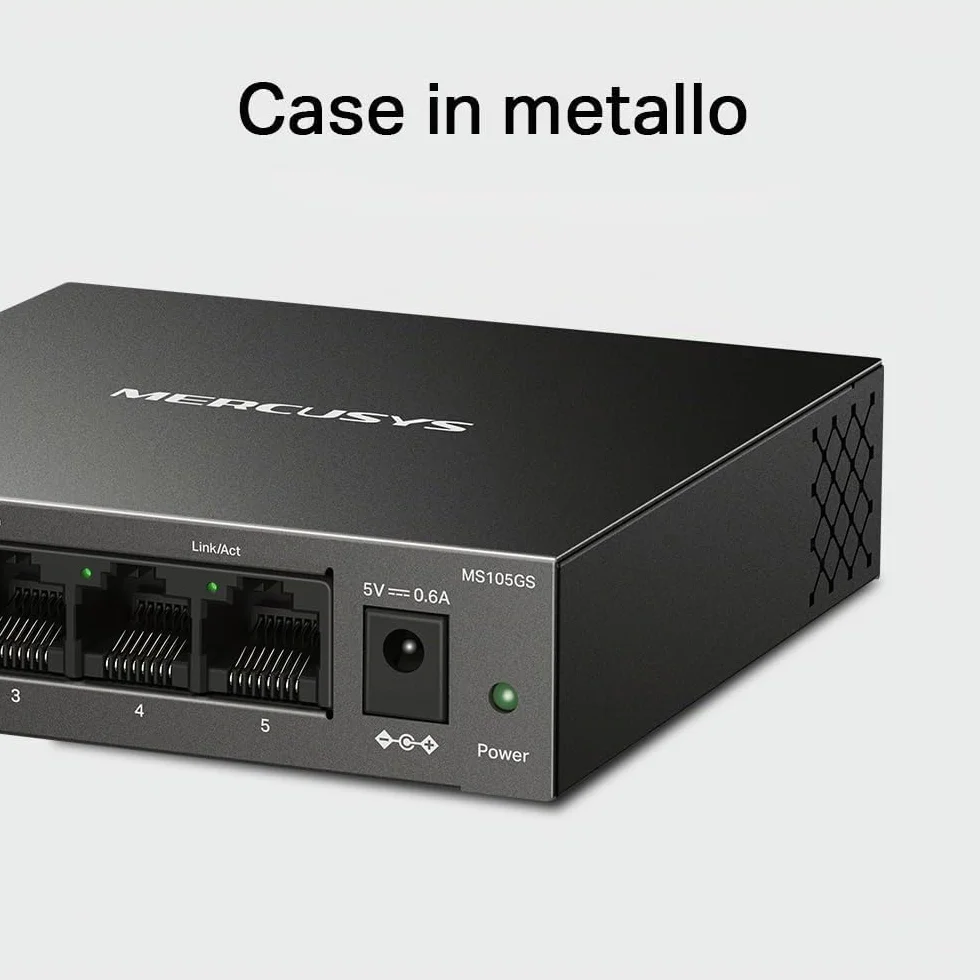 TP-Link Mercusys MS105GS Switch Ethernet 5 Porte Gigabit, Sdoppiatore Ethernet, Switch Gigabit per la Casa e l'Ufficio, Plug e Play, Montaggio Desktop, Cassa in Metallo, Durevole e Silenzioso