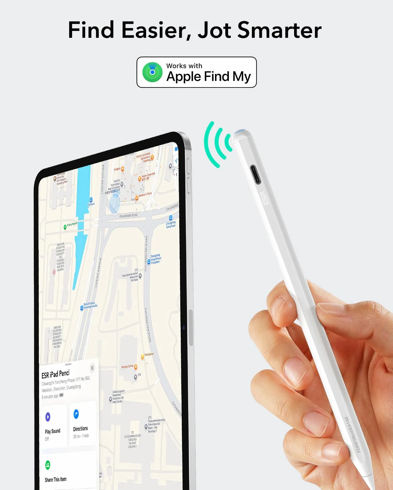ESR Find My Penna Compatibile con Apple iPad 2018-2025, Geo Digital Pencil con Scorciatoie Facili per iPad A16/10/9/8 e Air 13/11 e Pro 12.9/13/11 e Mini 7/6/5, Bianco (senza ricarica wireless)