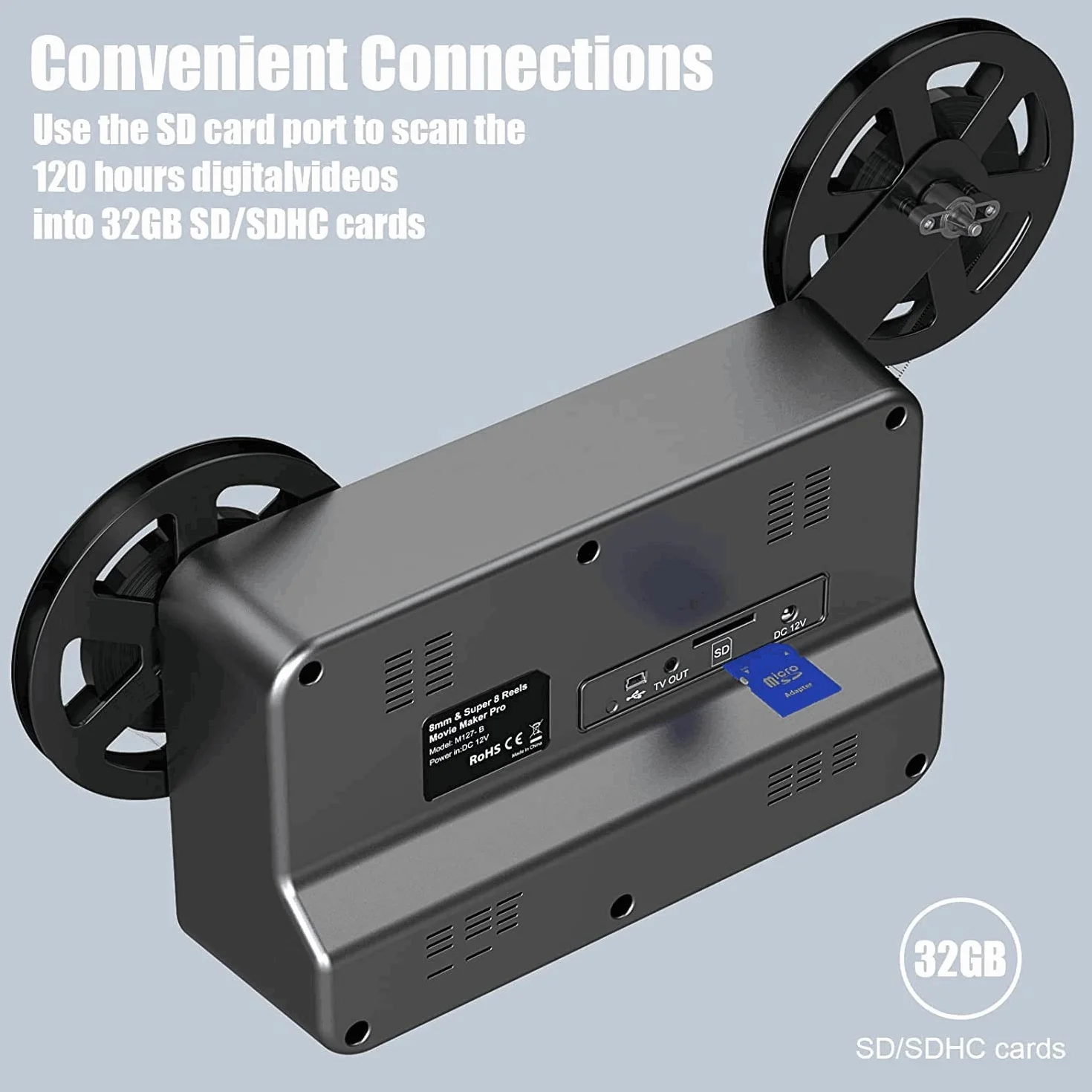 8mm e Super 8 Film to Digital Converter, Scanner Digitizer con schermo da 2,4 pollici, Convertire 3 "5" 7" 9 "Reels View Frame by Frame in 1080P MP4 Digitali, Condivisione e risparmio su 32GB SD Card