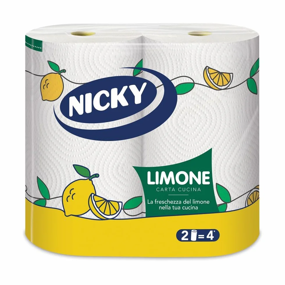 Nicky Limone Carta Cucina 2 Rotoli 100 Fogli Assorbenti 2 Veli Spessa Resistente Fresco Profumo Limone Certificata FSC