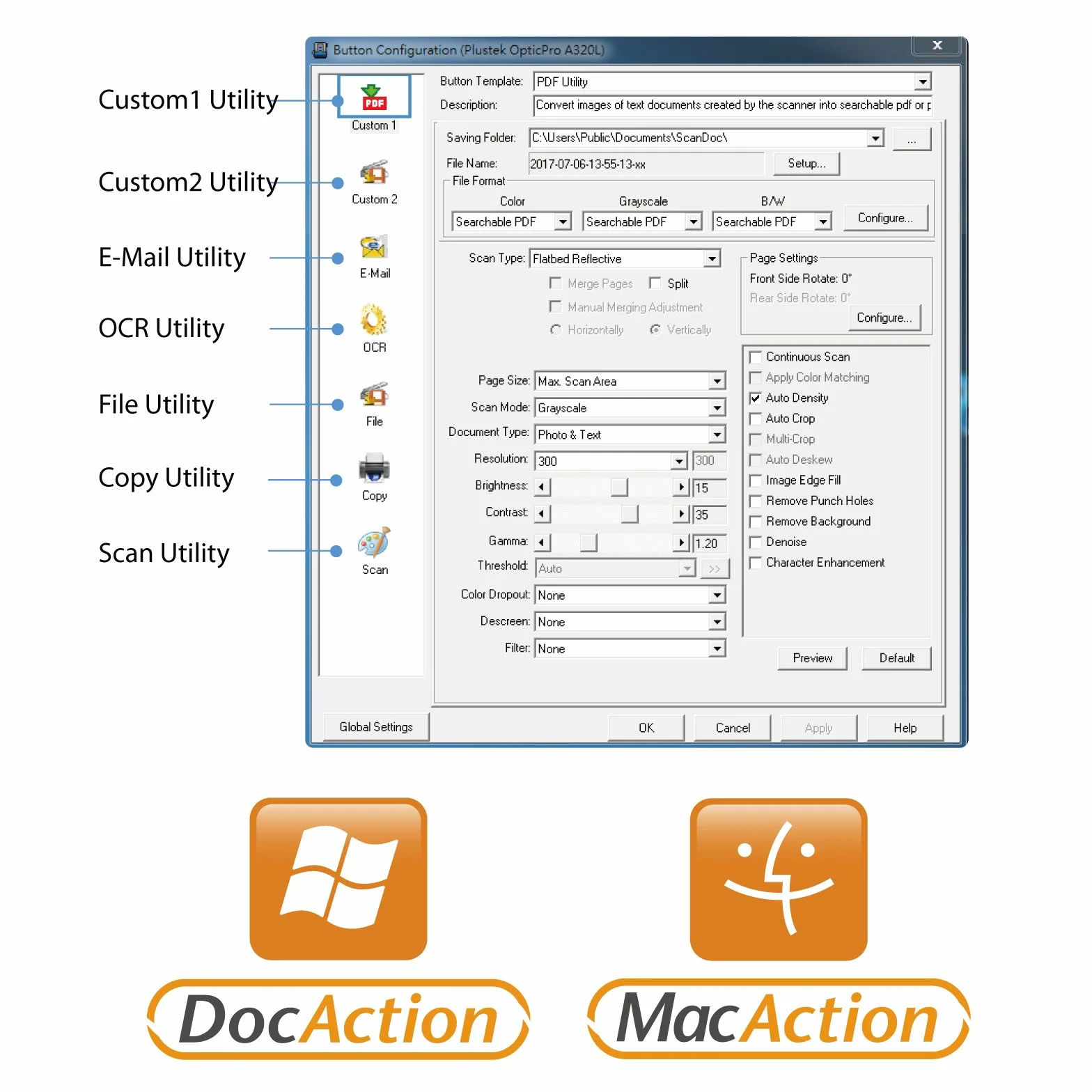 Plustek OpticPro A320E Scanner piano CCD A3 800 dpi ICA Twain Win Mac