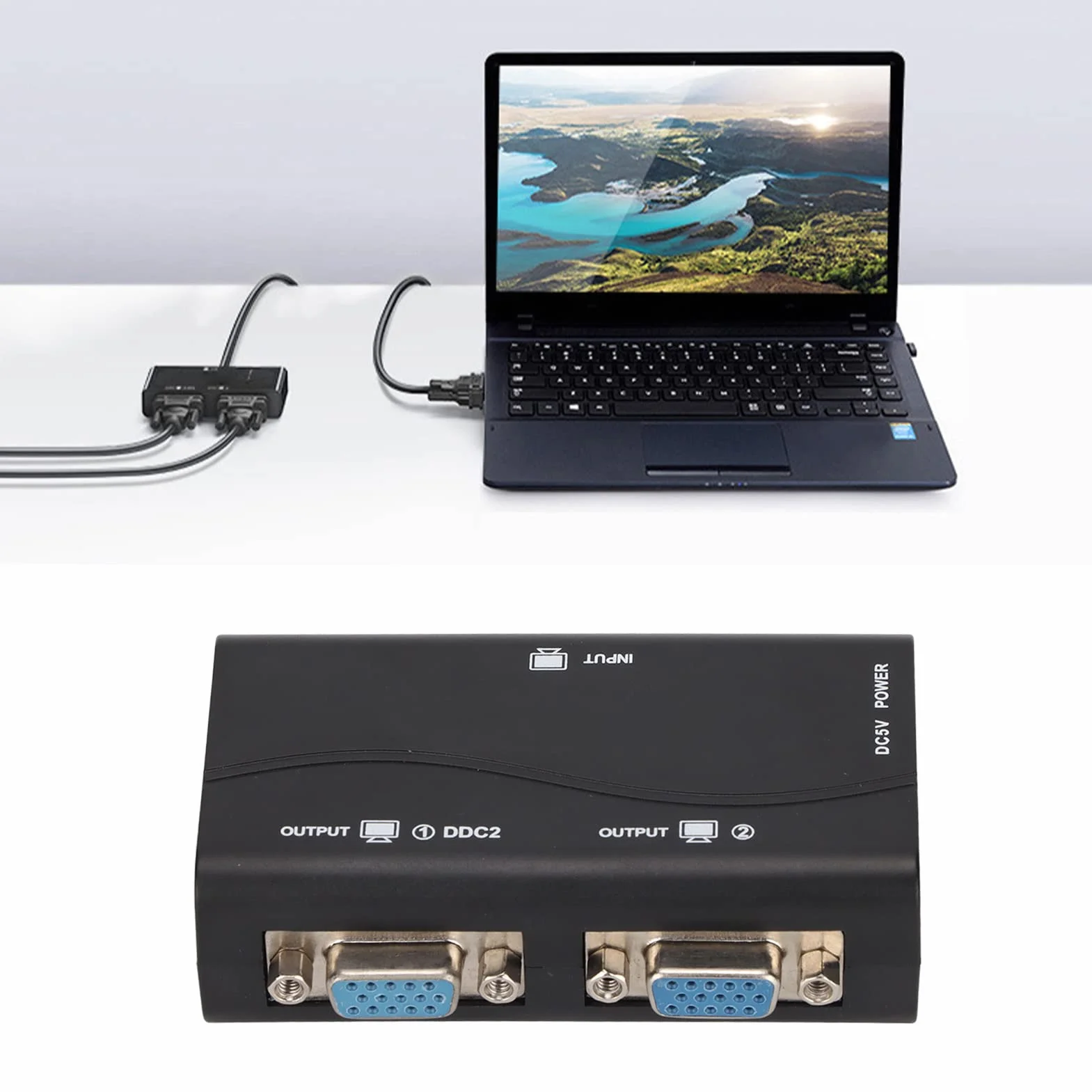 PUSOKEI Splitter VGA 1 in 2 out, Splitter Video USB 250MHZ 1080P, con Cavo USB, Plug And Play, per Duplicazione Schermo