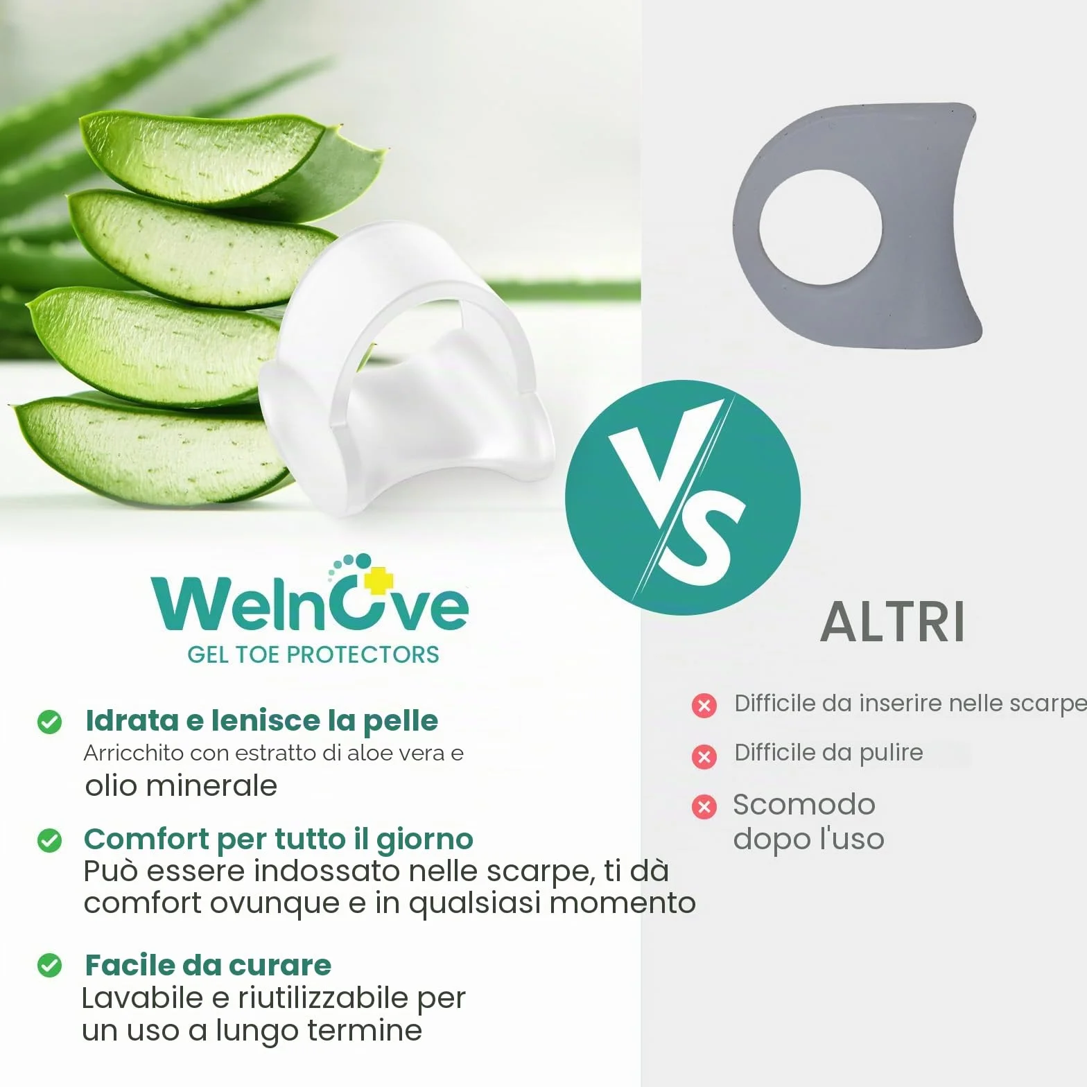 Welnove Separatore per dita dei piedi in gel, confezione da 12 distanziatori per dita mignolo in silicone aloe vera