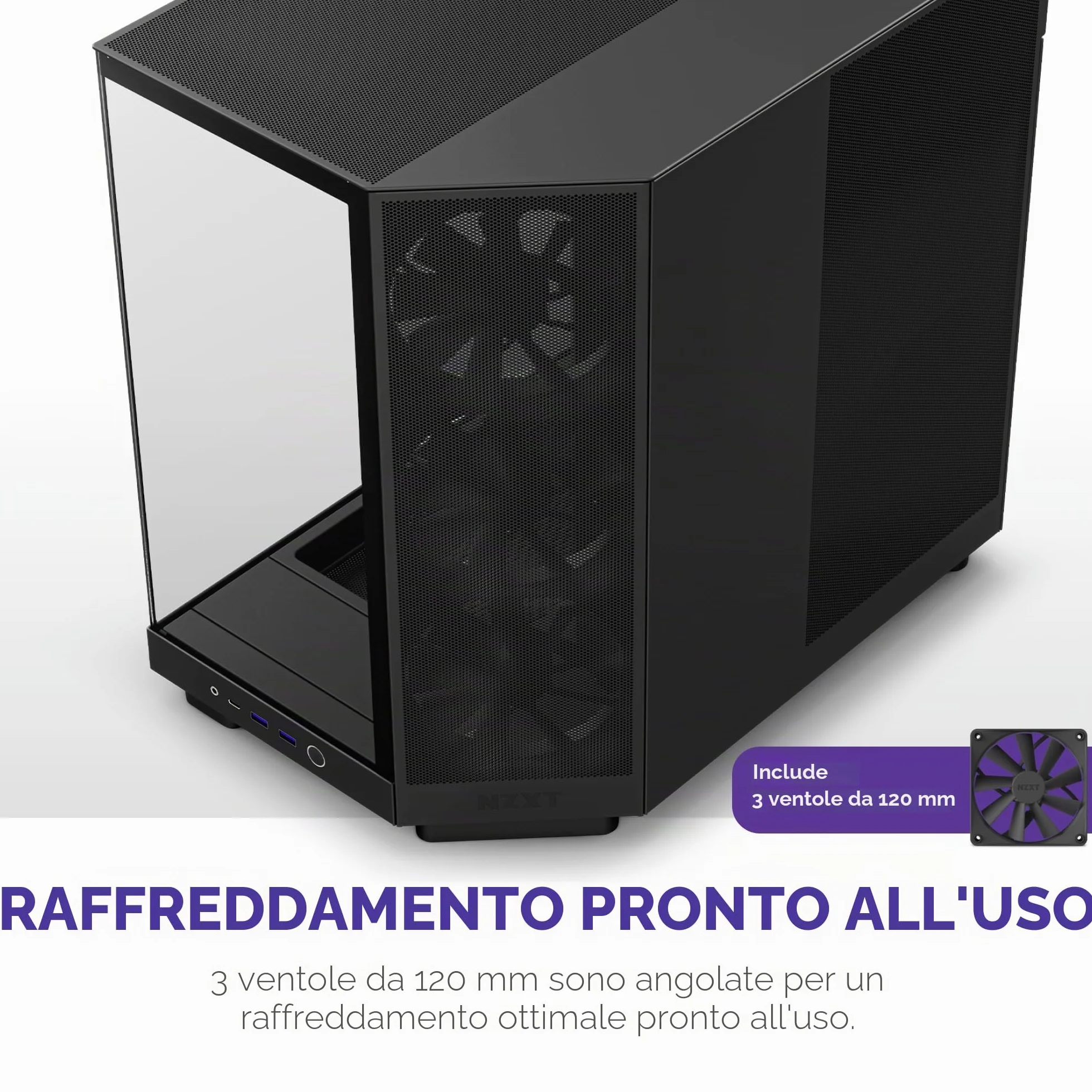 NZXT H6 Flow, CC-H61FB-01, Case Mid-Tower Compatto a Doppia Camera con Flusso d'Aria, Pannelli in Vetro Panoramico, Flusso d'Aria ad Alte Prestazioni, Include 3 Ventole da 120 mm, Nero