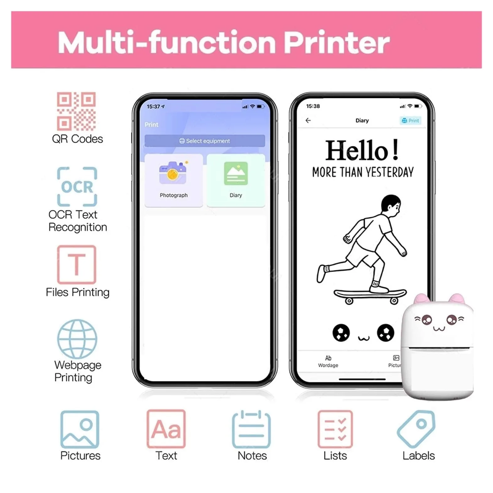 Mini Stampante For Etichette Stampanti Termiche Tascabili Adesivi Carta Senza Inchiostro Wireless Stampa Chiara(PK add 3Paper)