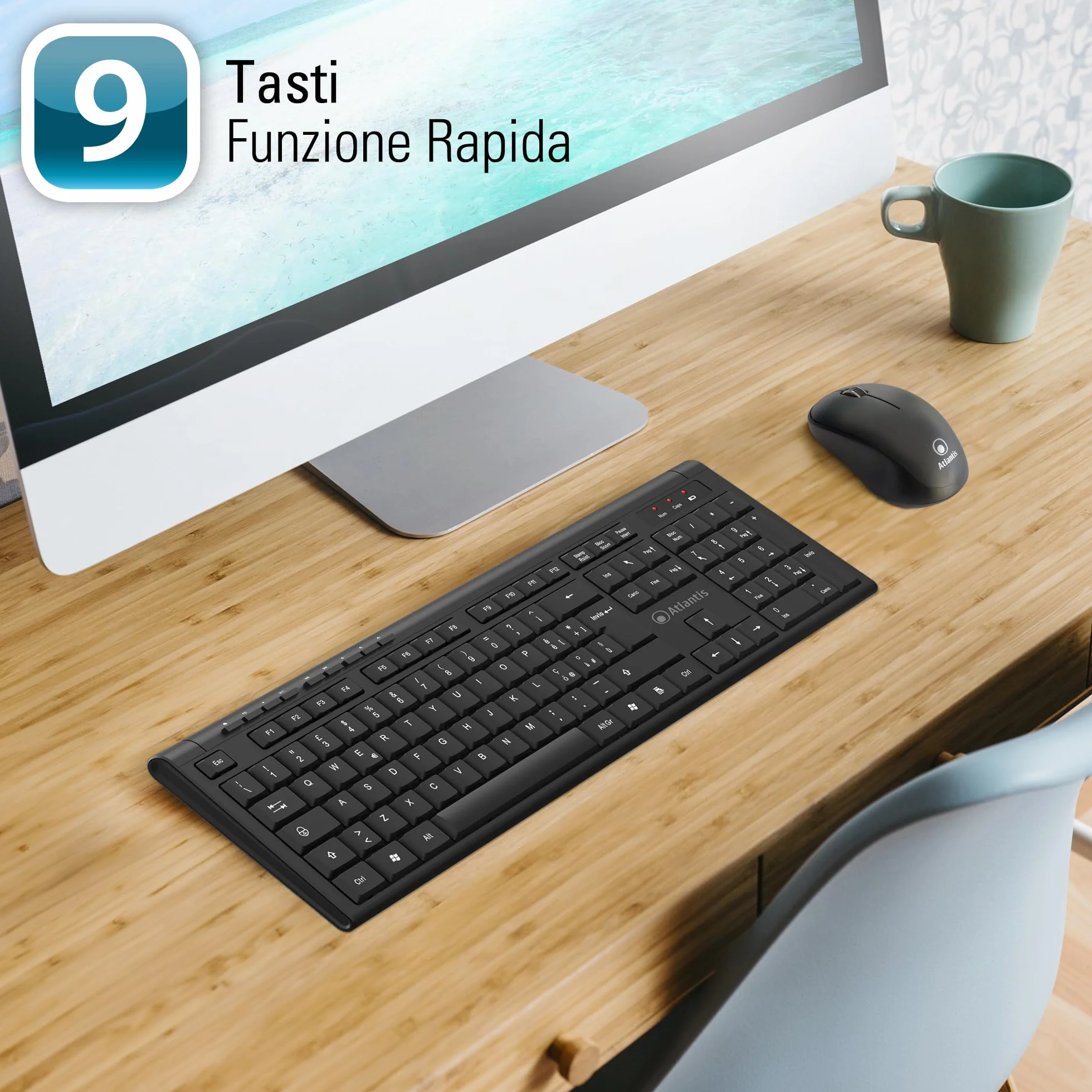 Atlantis Combo Kit Tastiera e Mouse Wireless senza fili, Multimediale, Layout Italiano QWERTY, 9 Tasti di scelta rapida, per PC/Laptop/Notebook, ricevitore USB unico, cod. P013-AX280G+M, Nero.