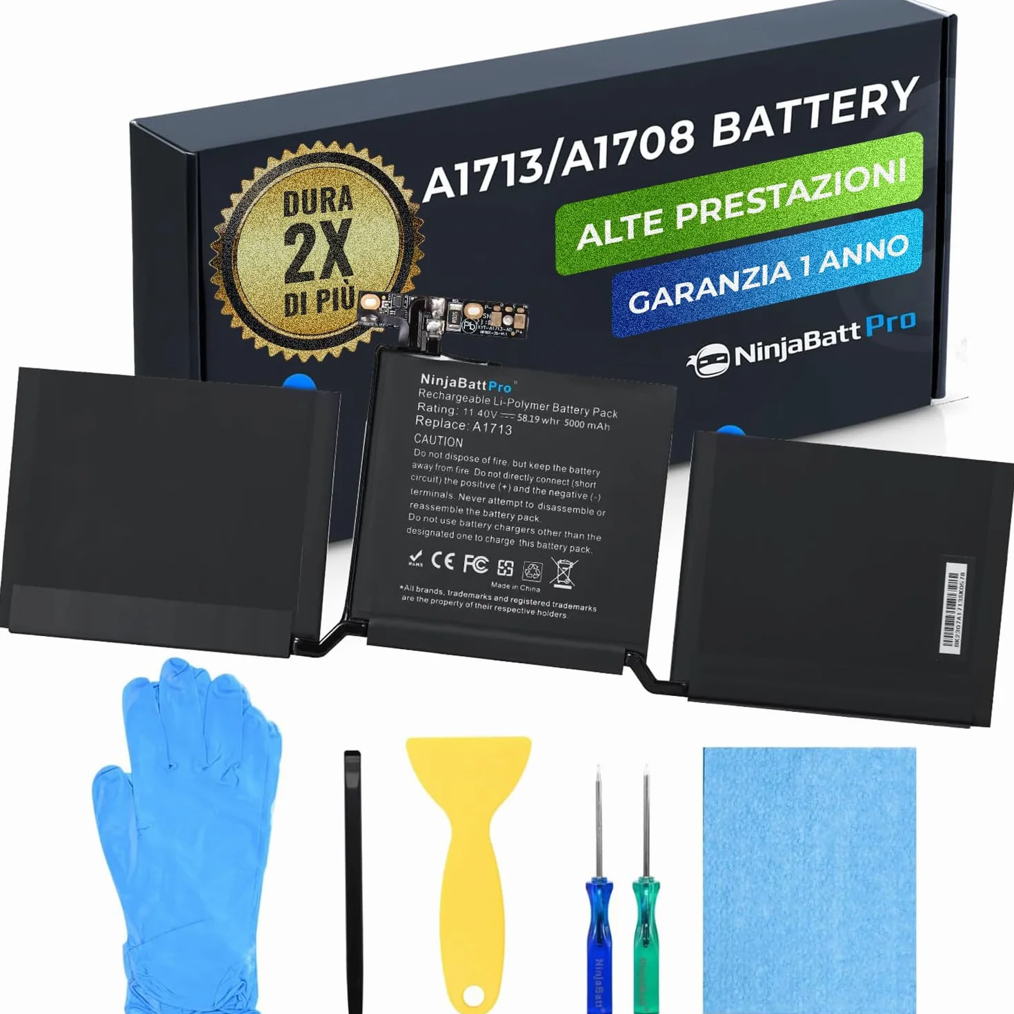 NinjaBatt Batteria A1713 A1708 per MacBook Pro 13" - A1708 (Fine 2016, Metà 2017) A2159 (2019) A2289 (Metà 2020) A2338 (M1 Fine 2020) - Prestazioni Durevoli [5000mAh/58.19Wh/11.41V]