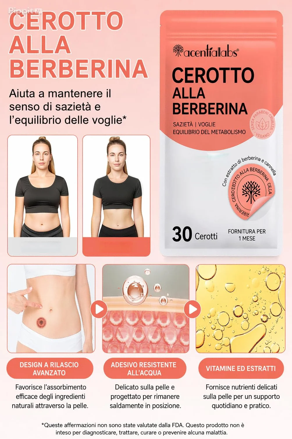 Acentiallabs Cerotti Benessere Metabolico con Berberina, Cannella e Cromo, 30 Cerotti