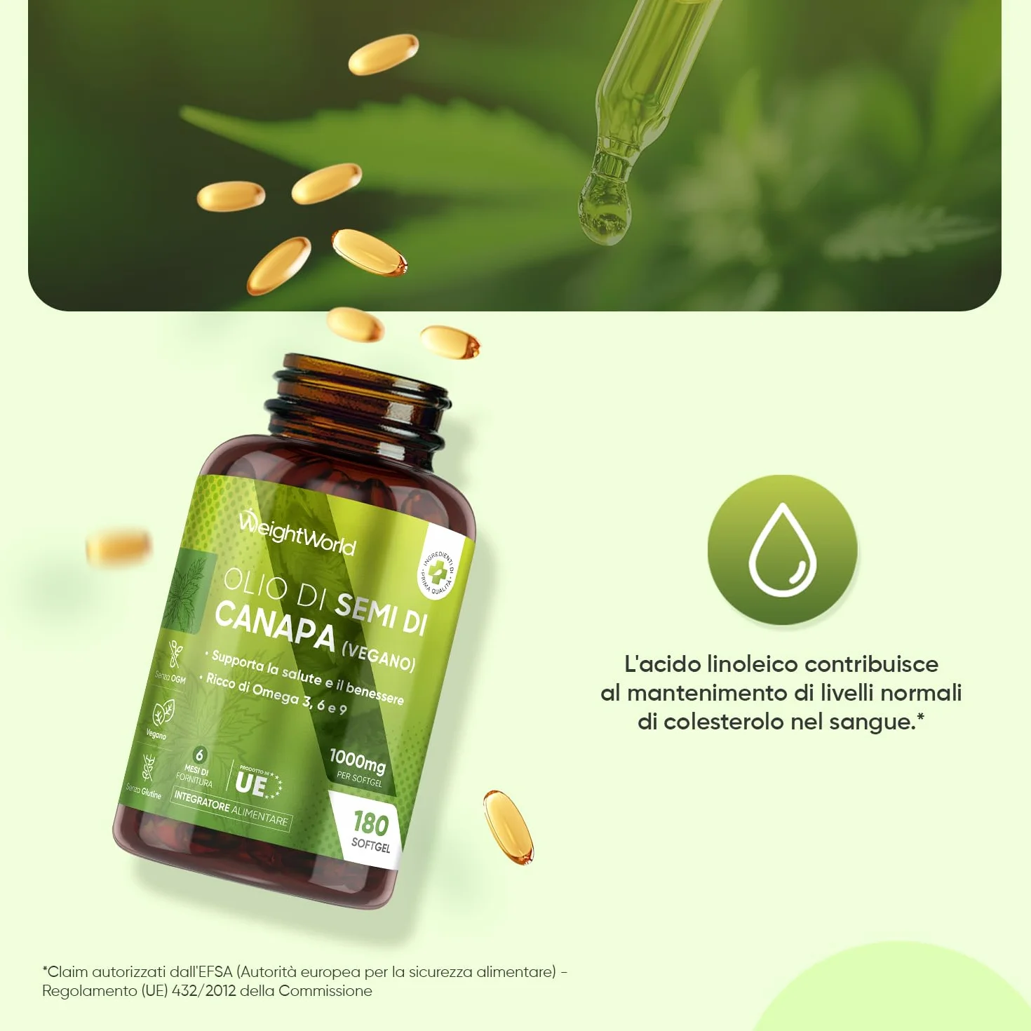 Olio di Canapa 1000mg per Softgel, 180 Softgel Vegane, Omega 3 6 9, ALA, Spremuto a Freddo