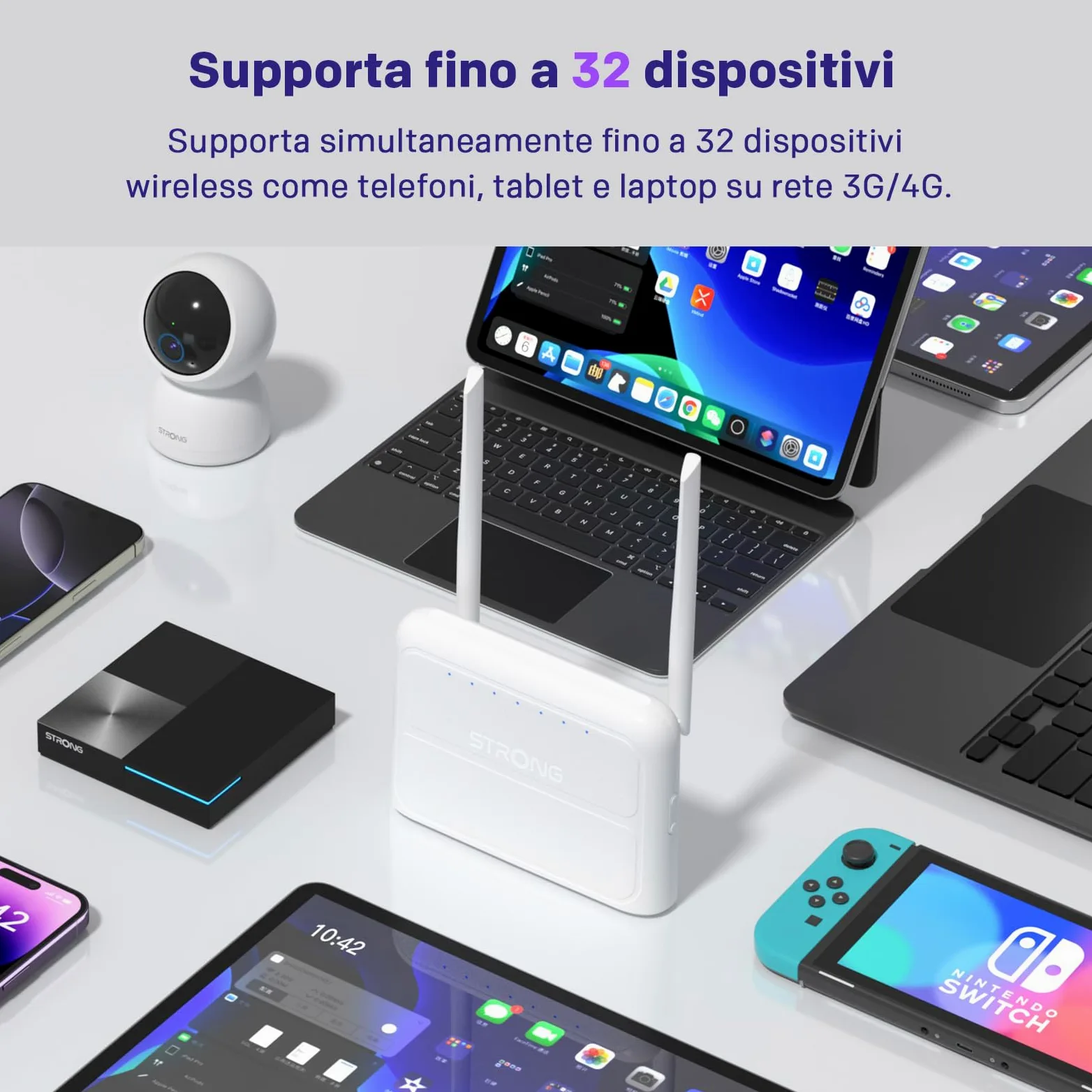 STRONG Router WiFi N300 Mbps con SIM, 4G Cat4 LTE, Antenne Esterne Fisse, Porte WAN/LAN 100 Mbps, Router con SIM, Plug and Play, Supporta fino a 32 Dispositivi, Rete Sicura (4GROUTER360)