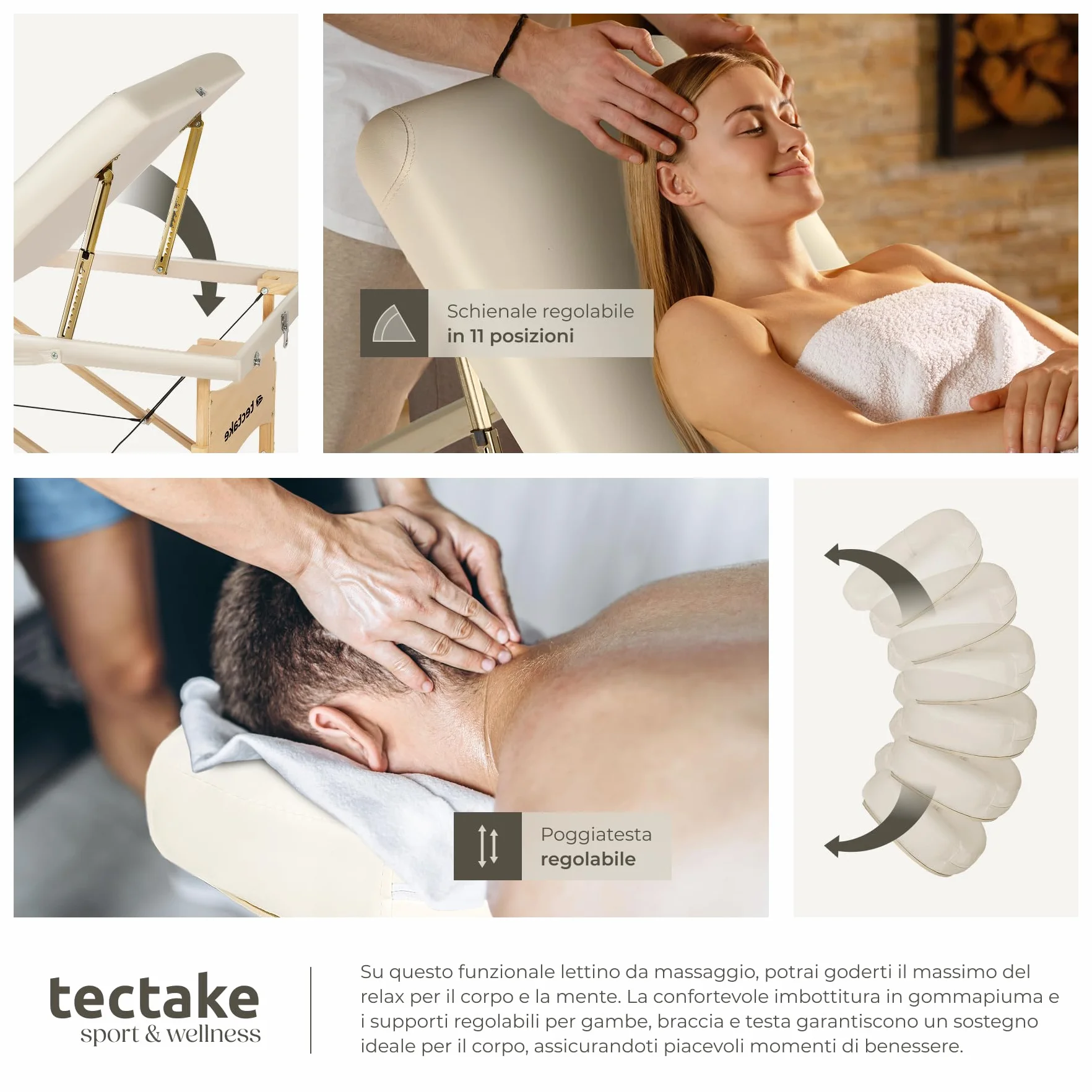 tectake Lettino da Massaggio Somwang Pieghevole Altezza Regolabile 250 kg Beige