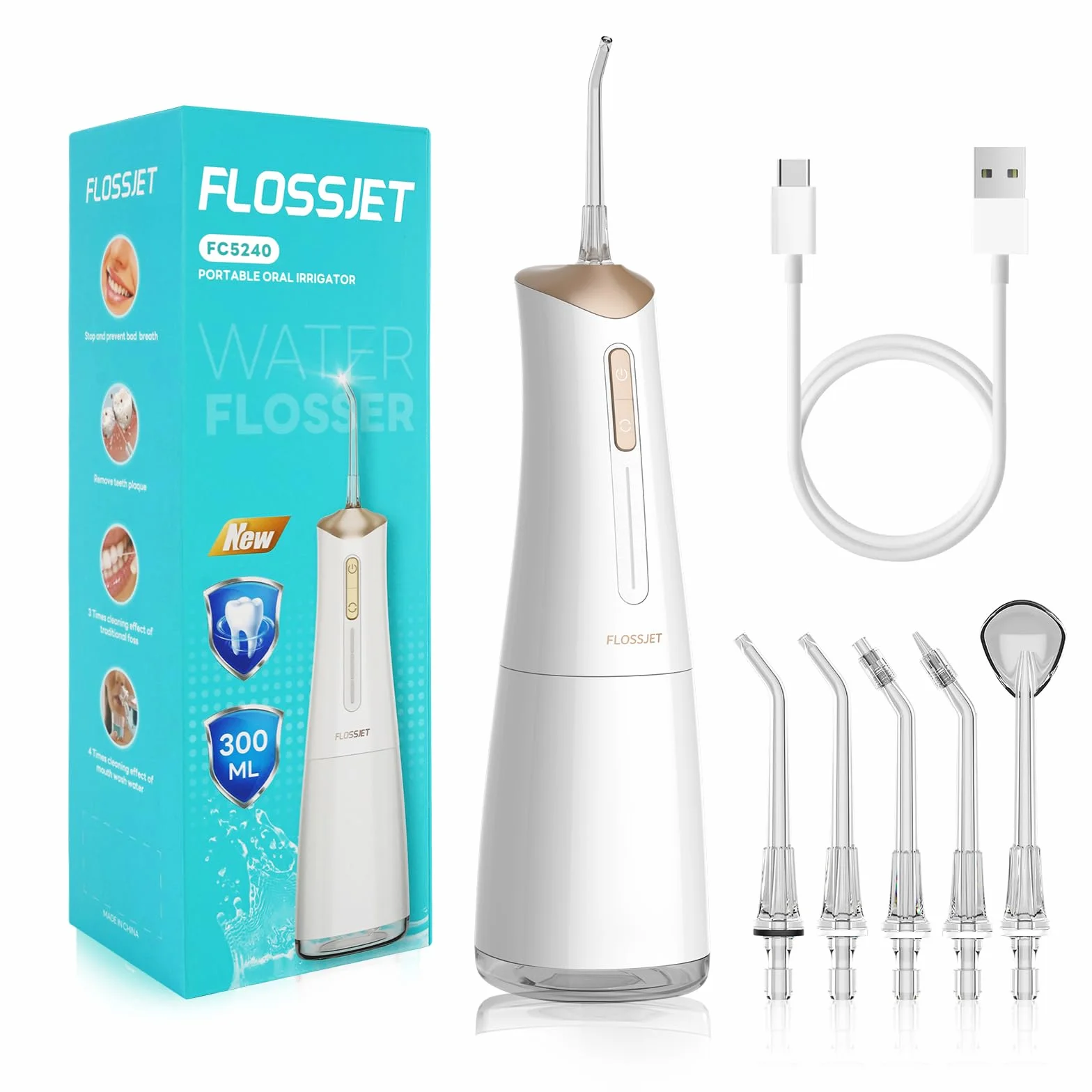 FlossJet Irrigatore Orale Portatile Professionale 300ML IPX7 Ricaricabile Bianco
