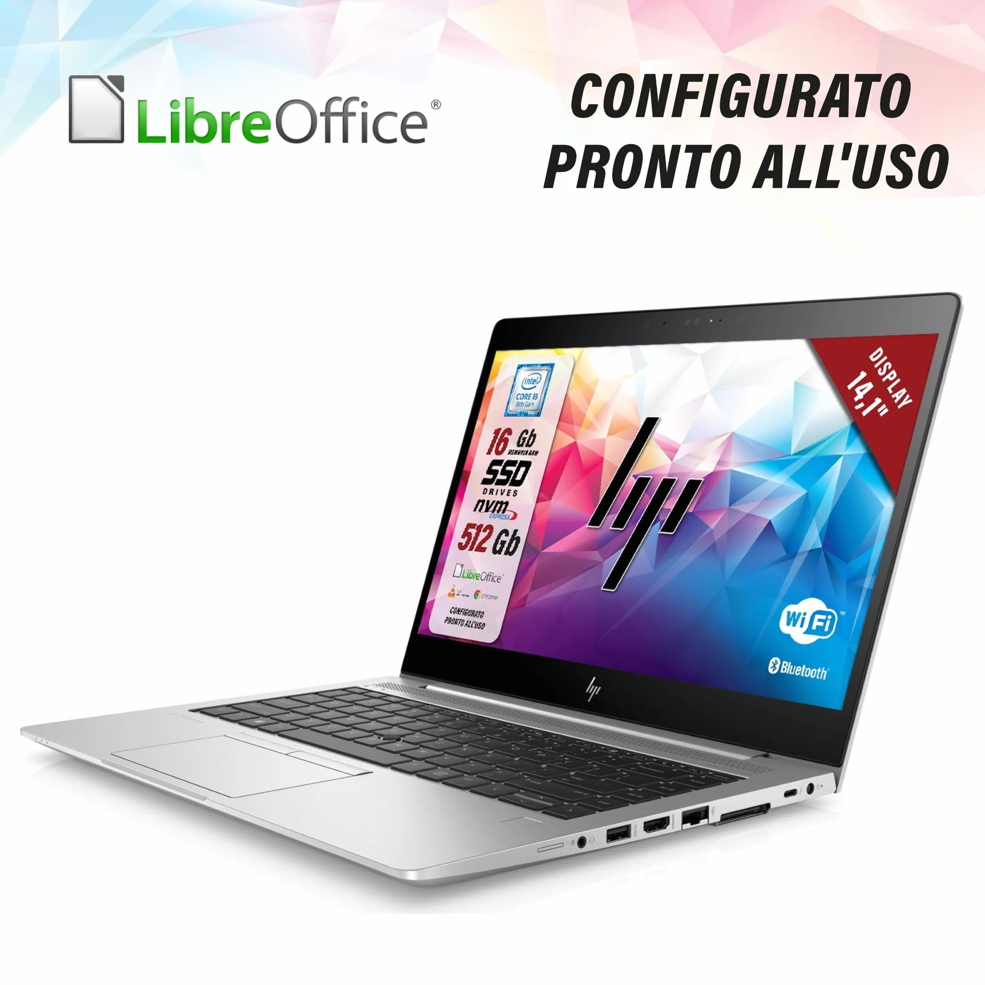 HP Elitebook 14.1" Intel i5-8th Gen 1.7GHz 16GB RAM 512GB SSD Notebook W11 LibreOffice Ricondizionato