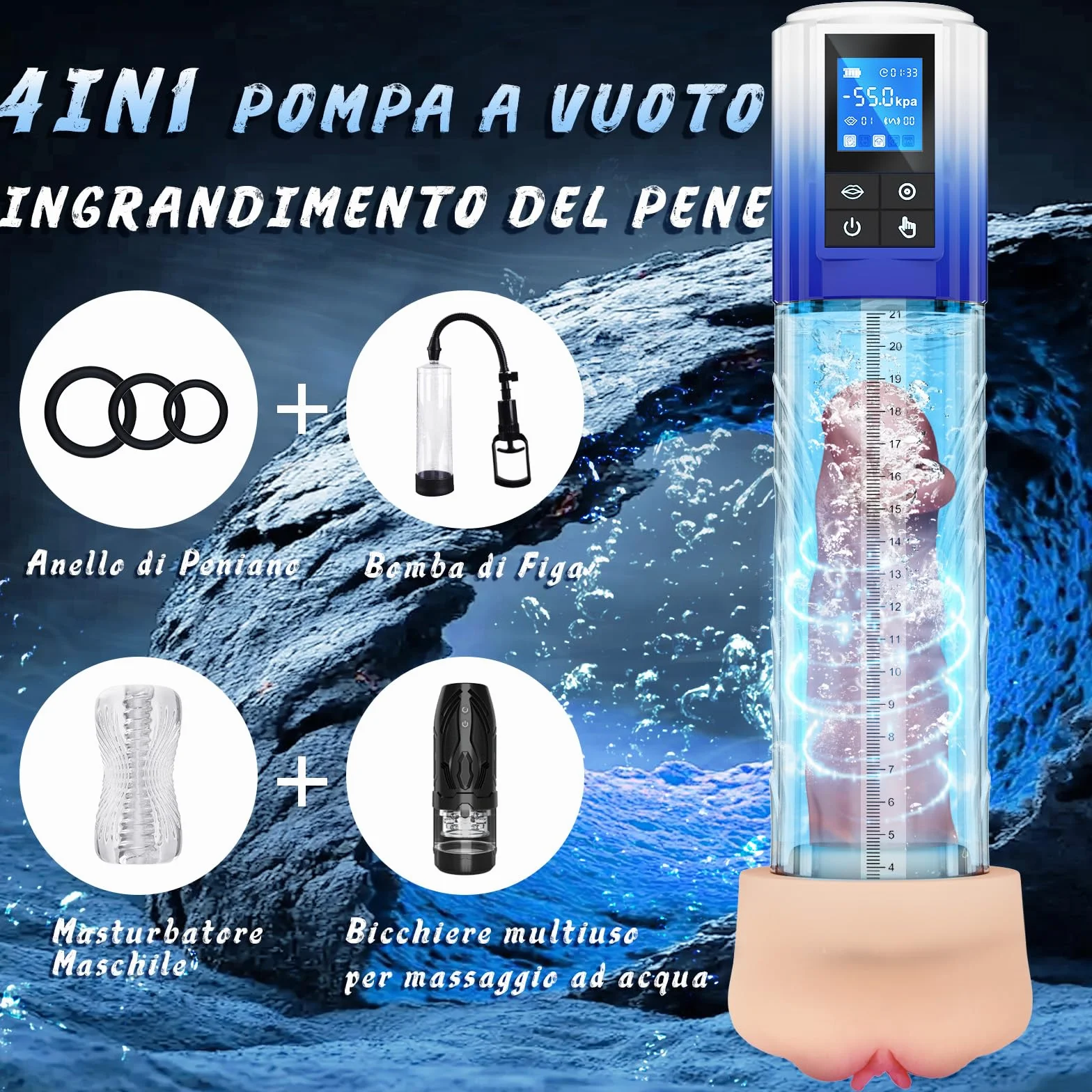Pompa per Pene Sex Toys Uomo - Masturbatore con 6 Modalità di Aspirazione & Anelli Fallici