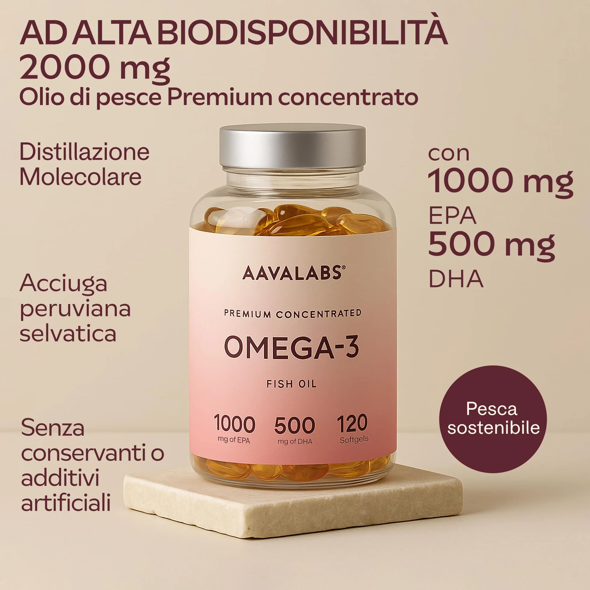 Omega 3 2000mg Alto Dosaggio Olio di Pesce Capsule Integratore EPA 500mg DHA 120 Softgel