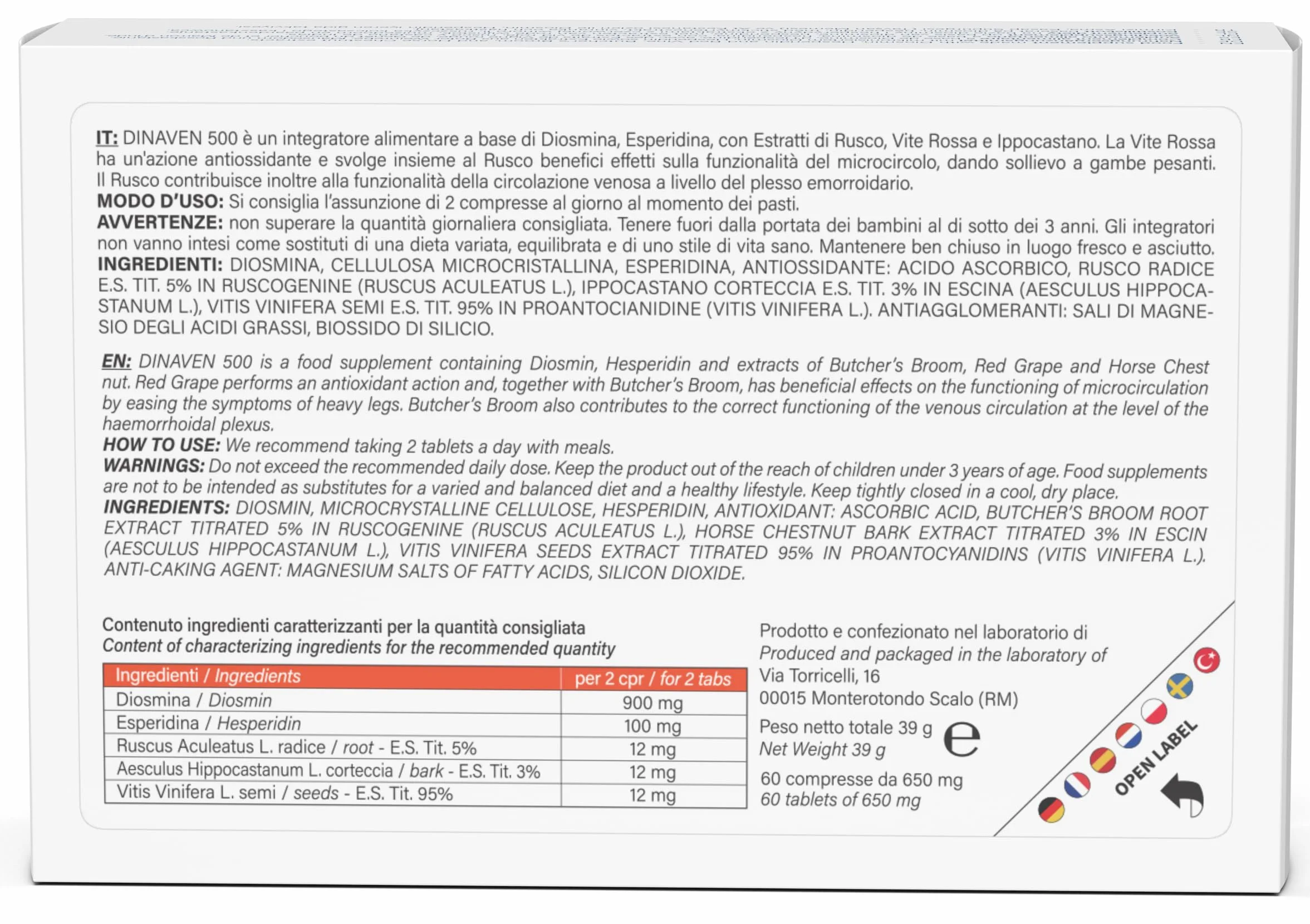 Dulac Dinaven 500 Integratore Alimentare Microcircolo Circolazione Gambe 60 Compresse Diosmina Esperidina Made in Italy