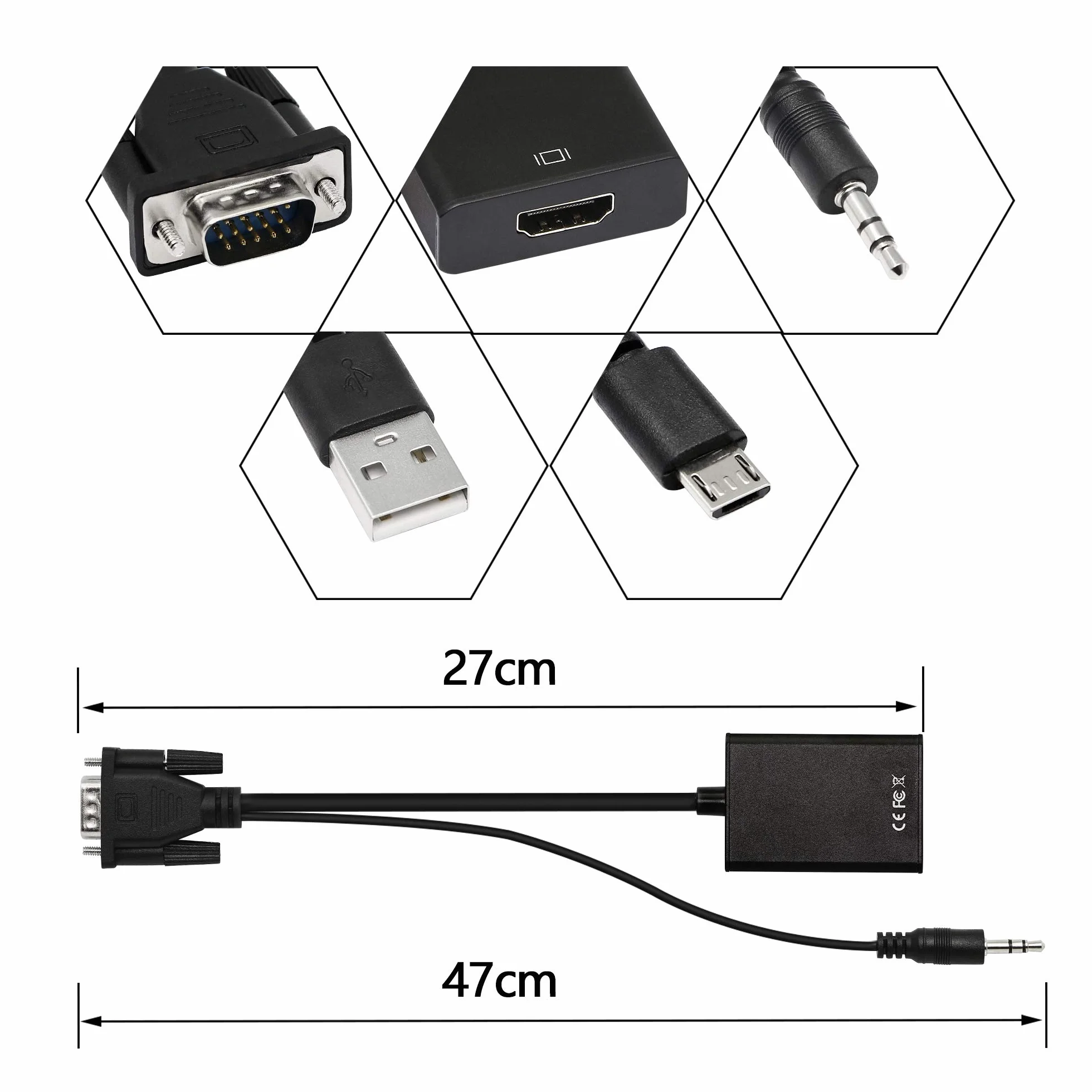 YACSEJAO Adattatore da VGA a HDMI 1080P VGA maschio a HDMI femmina, convertitore per computer, desktop, laptop, PC, monitor, proiettore, HDTV con cavo audio e cavo USB