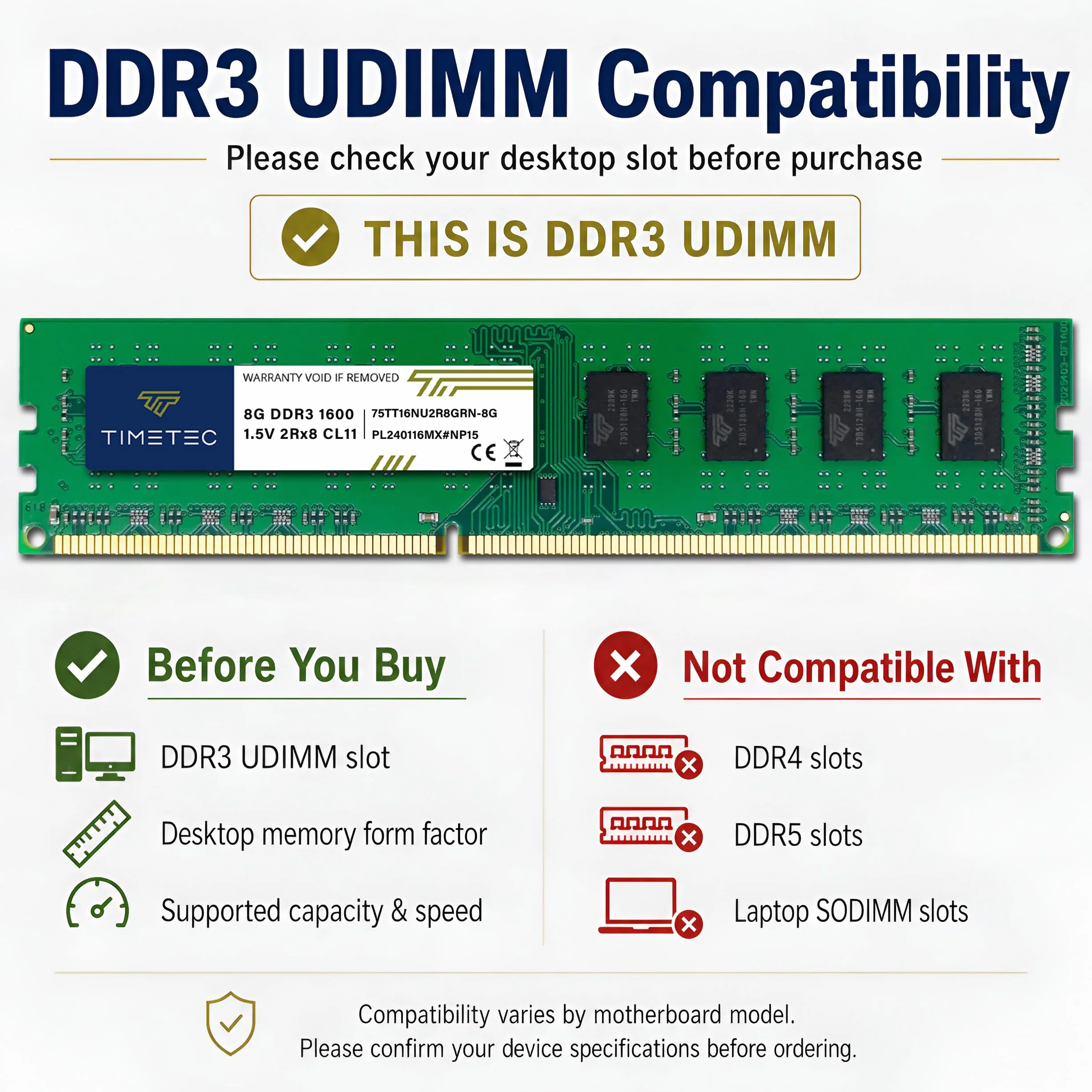 Timetec 16GB KIT(2x8GB) DDR3 1600 MHz (DDR3-1600) PC3-12800 Non-ECC Unbuffered 1,5 V CL11 2Rx8 Dual Rank 240 Pin UDIMM Memoria per computer desktop PC RAM