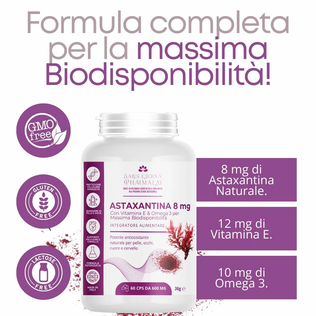 Salus Eterna Astaxantina 8mg 60 Capsule Integratore Antiossidante con Vitamina E e Omega 3