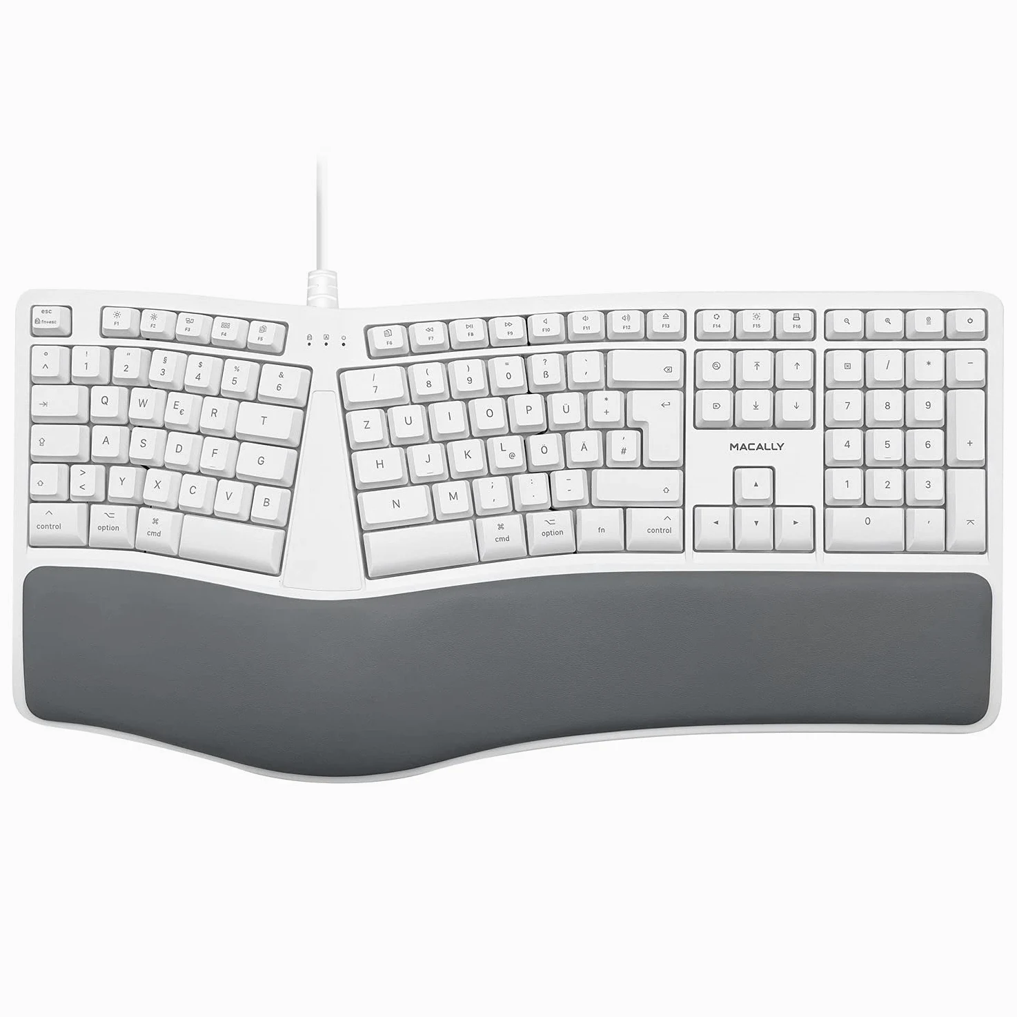 Macally MERGOKEY-DE, Tastiera ergonomica USB-A cablata con poggiapolsi, Layout QWERTZ Tedesco