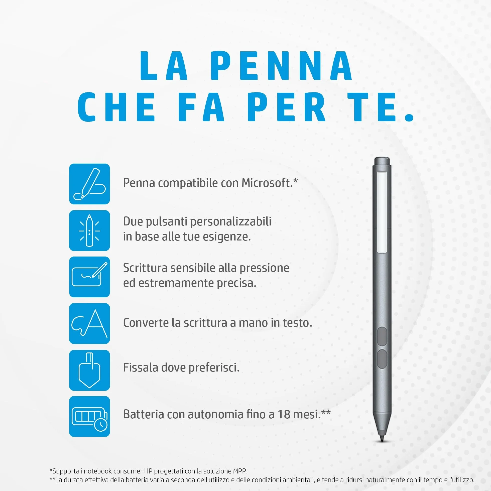 HP MPP 1.51, Penna Ricaricabile, 2 Punte Intercambiabili, 2 Pulsanti Configurabili, Autonomia fino a 18 Mesi, Supporto Magnetico, Compatibile con PC con Tecnologia MPP, Nera