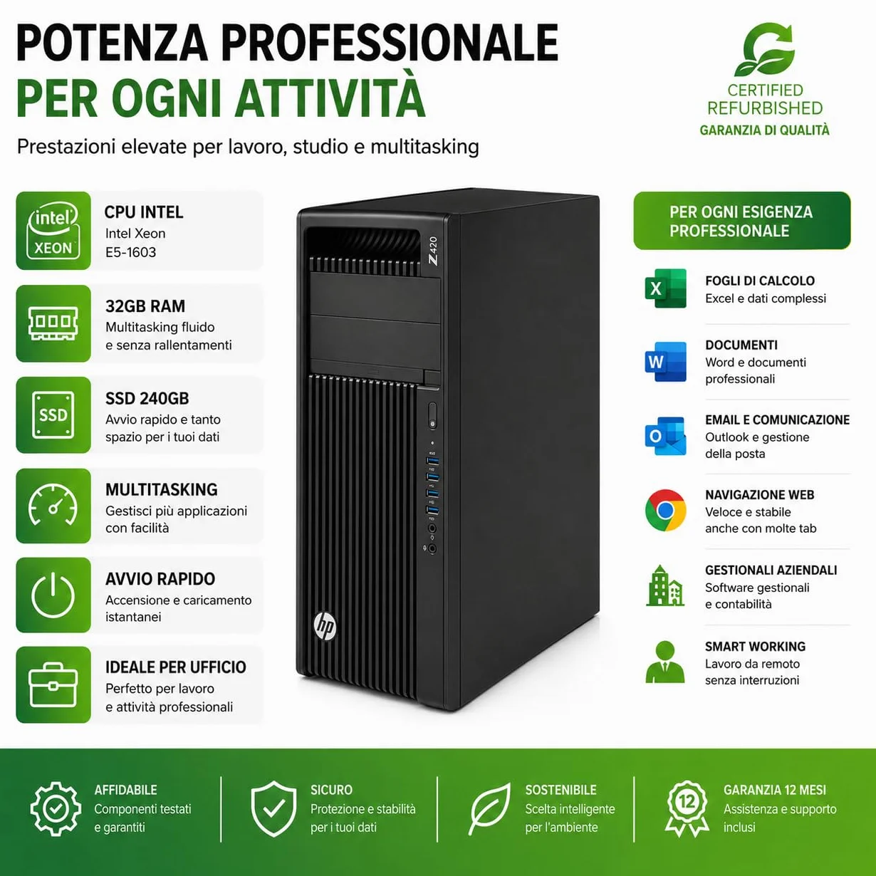 HP Z420 Workstation per CAD e Uffici Tecnici • Intel Xeon E5-1603 • 32GB RAM • SSD 240GB • NVIDIA Quadro K4200 4GB GDDR5 • Windows 11 Pro - Office 365 free • WiFi • Ricondizionata