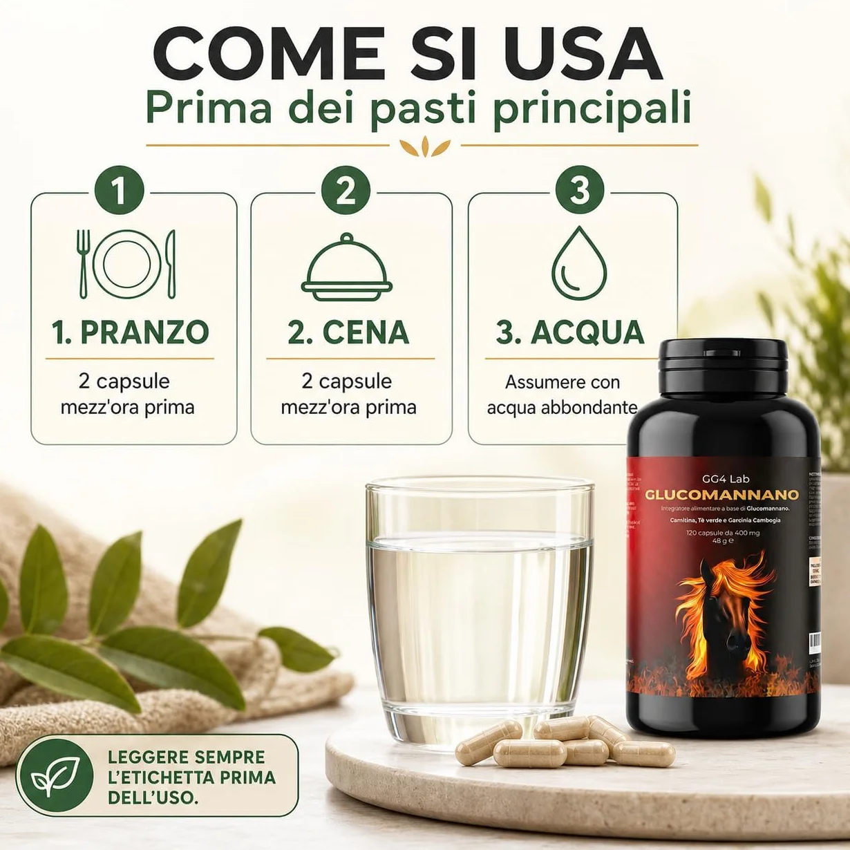 GG4Lab Glucomannano Konjac 1200mg 120 Capsule Fibra Saziante con L-Carnitina e Tè Verde Vegano Senza Glutine