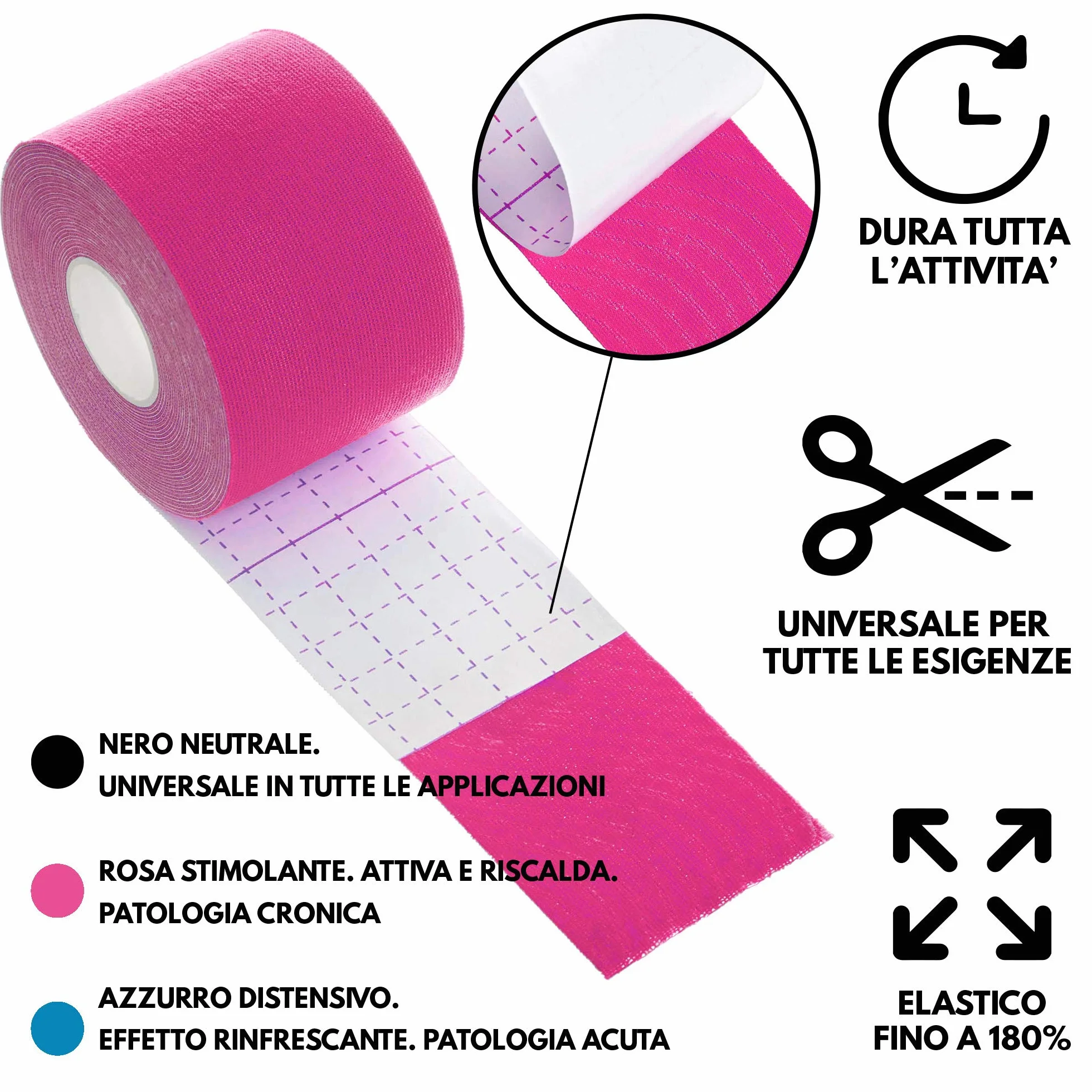 Kinesio Tape Nastro Kinesiologico 6 rotoli 5m 95% Cotone 5% Spandex Elastico