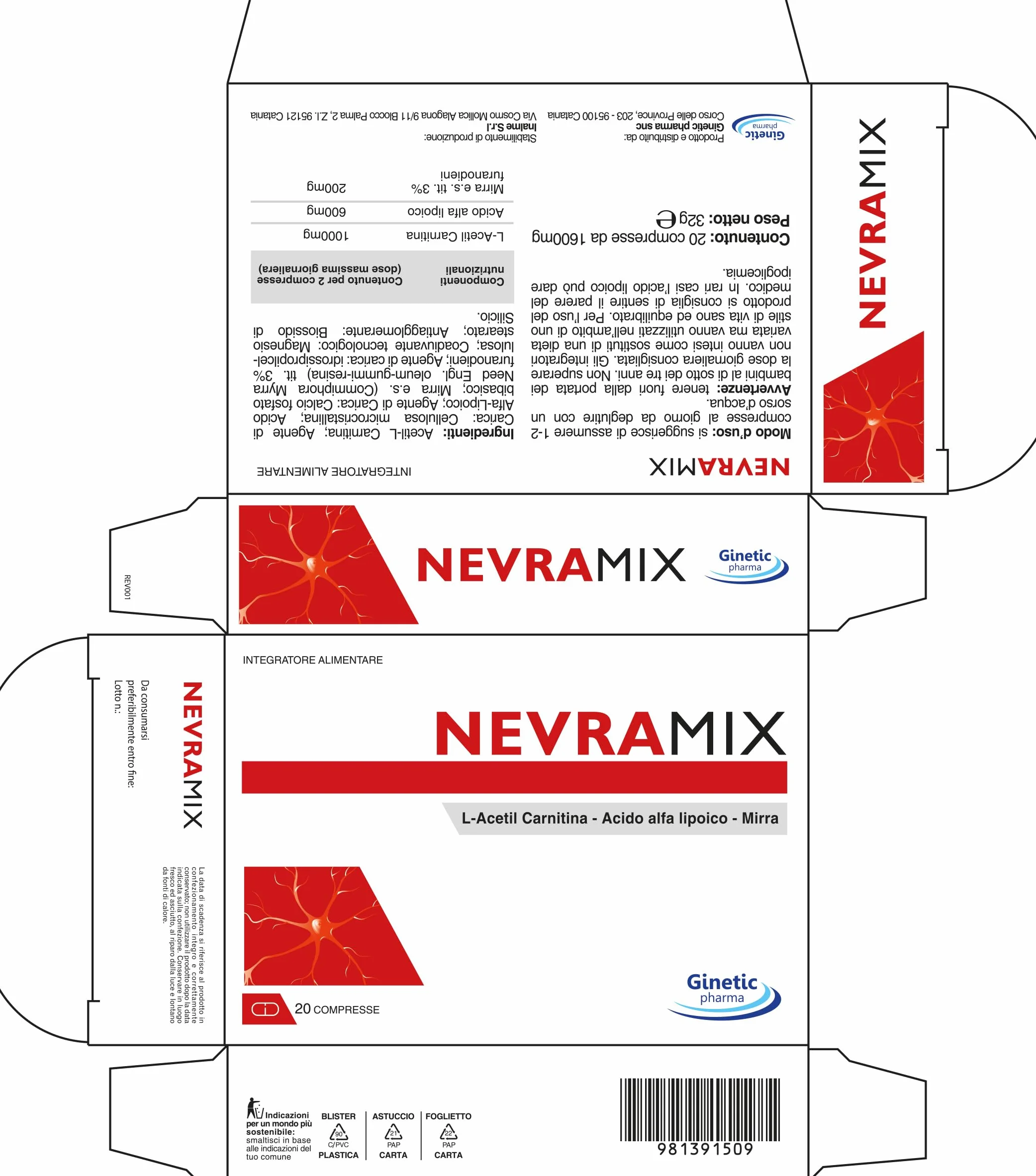 NEVRAMIX Integratore Acido Alfa Lipoico, Carnitina e Mirra per Benessere Sistema Nervoso 20 Compresse