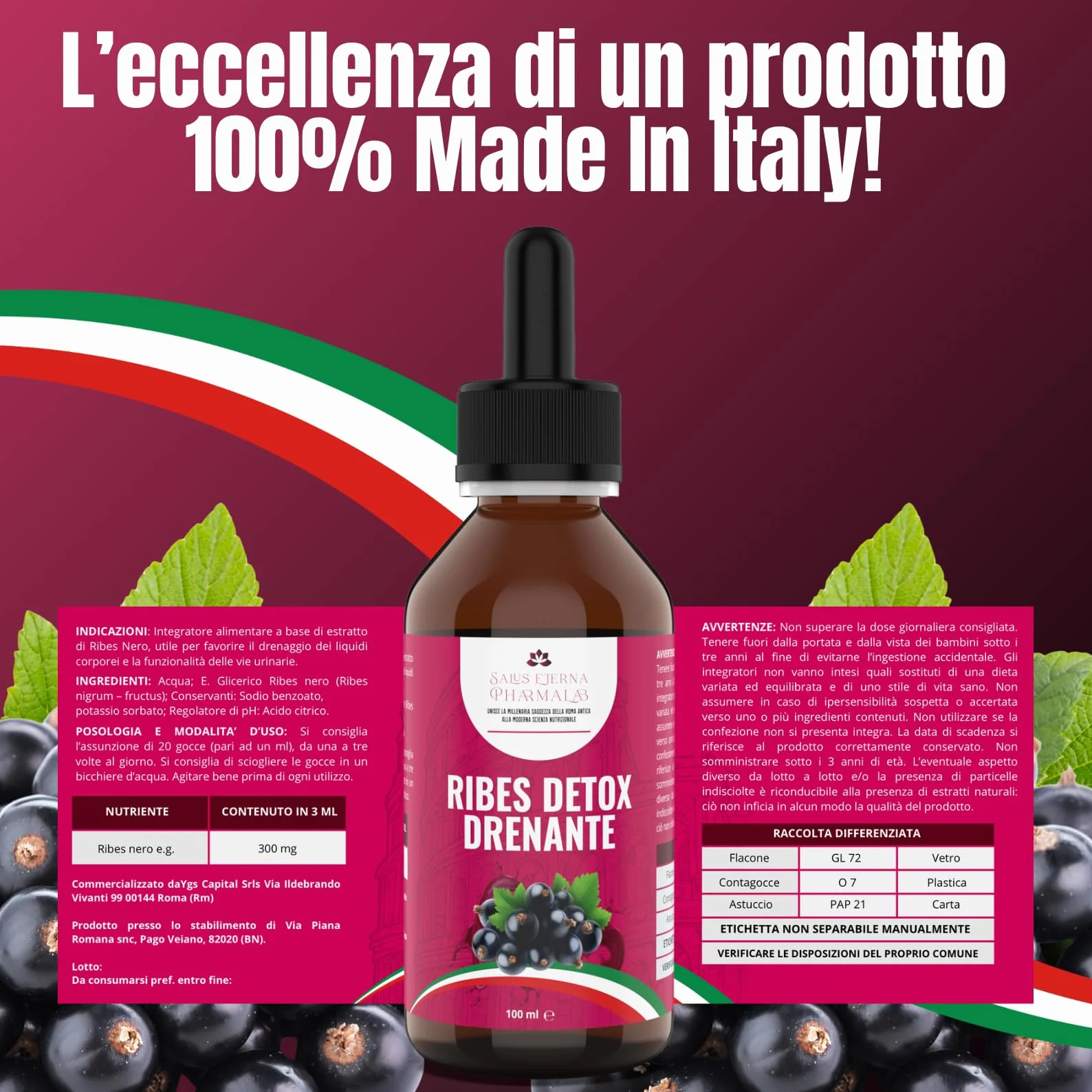 Salus Eterna Ribes Nero Nigrum Detox Drenante Forte 100ml Depurativo Naturale Fegato Reni Antiossidante Diuretico Ritenzione Idrica