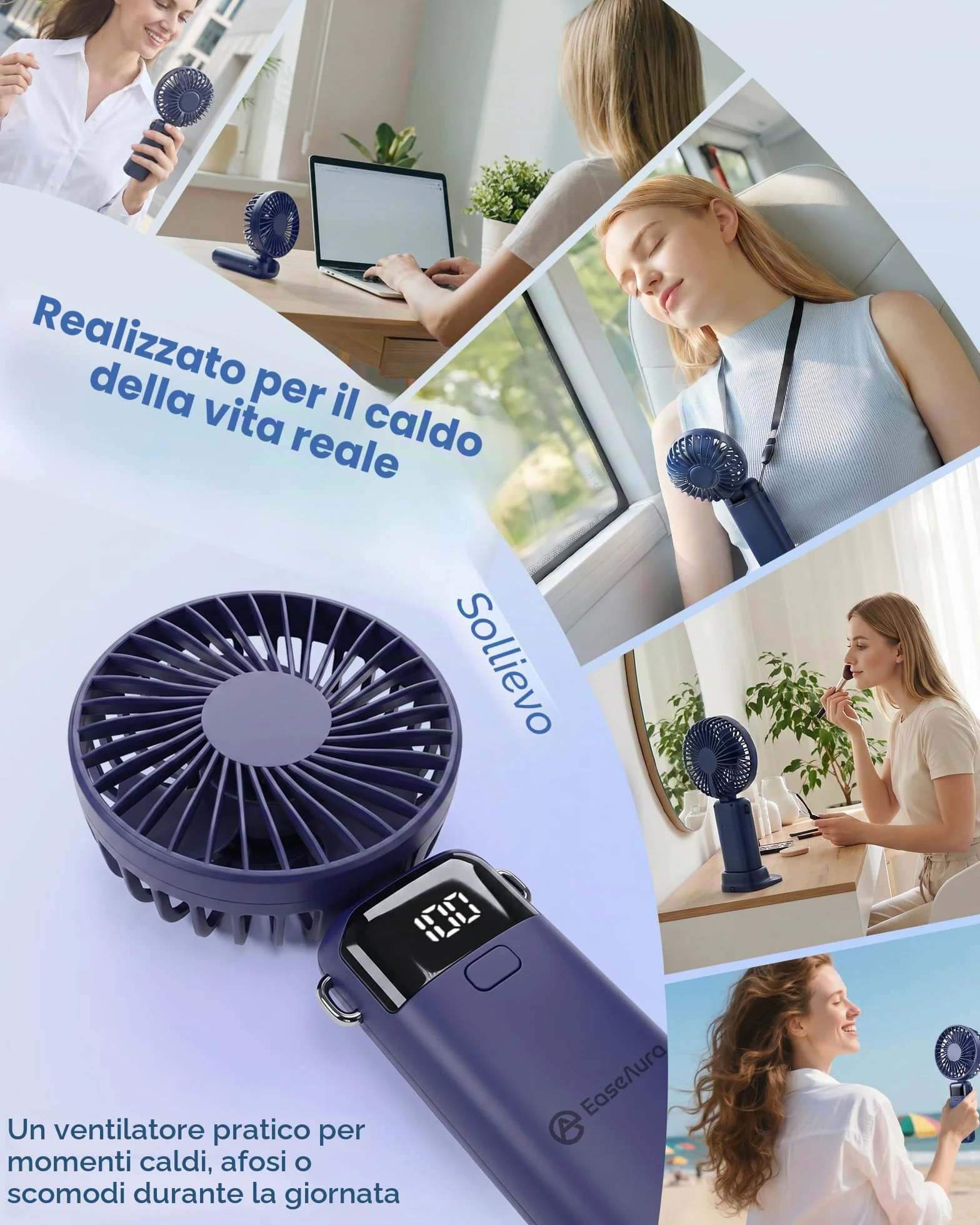 Ventilatore Portatile USB Ricaricabile 5000mAh, Mini Ventilatore Portatile con 5 Velocità, Display LED, Ventilatore da Tavolo Pieghevole con Supporto, Spegnimento Automatico, da Viaggio
