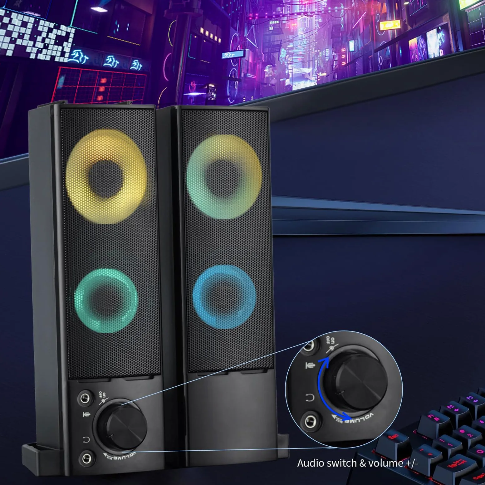 Altoparlanti per computer cablati progettati per dispositivi desktop USB Plug-and-Play suono chiaro con illuminazione RGB Caratteristiche manopola del volume Altoparlanti da gioco ideali per