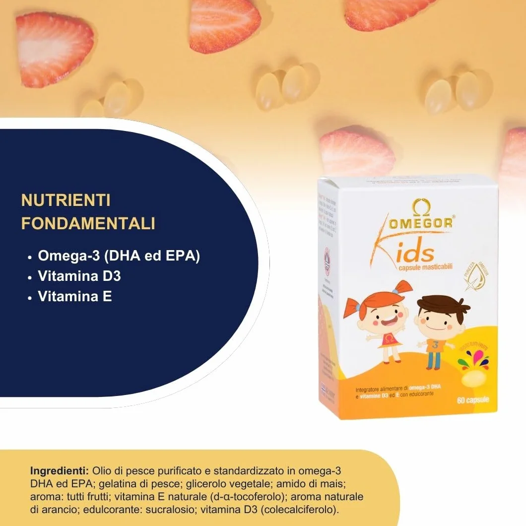 Omega 3 Bambini OMEGOR Kids 3+ Anni 60 Capsule Masticabili alla Frutta con Vitamine D3 ed E Ricco di EPA e DHA