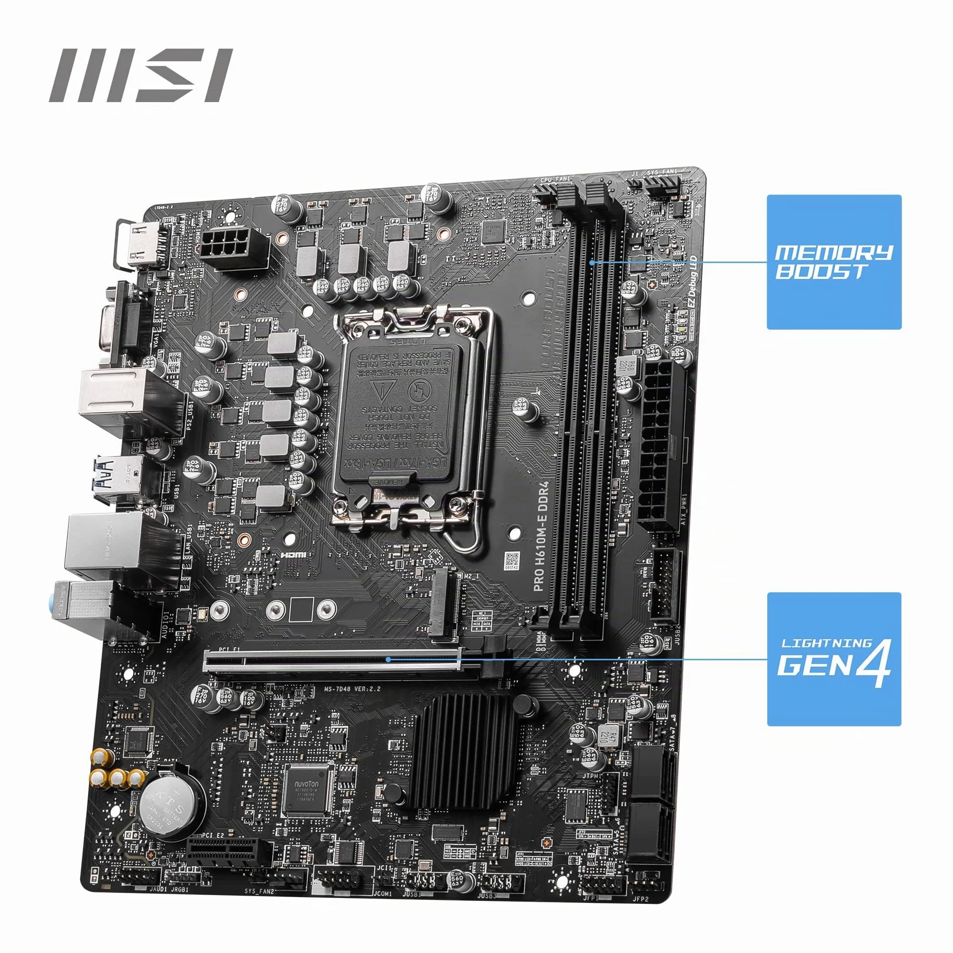 MSI PRO H610M-E DDR4 Scheda Madre, Micro-ATX - Supporta Intel Core 12a e 13a Gen, LGA 1700-2 x DIMMs (3200MHz), 1x PCIe 4.0 x16 slot, 1 x M.2 Gen3, USB 3.2 Gen1, 1G LAN, HDMI 1.4 & VGA