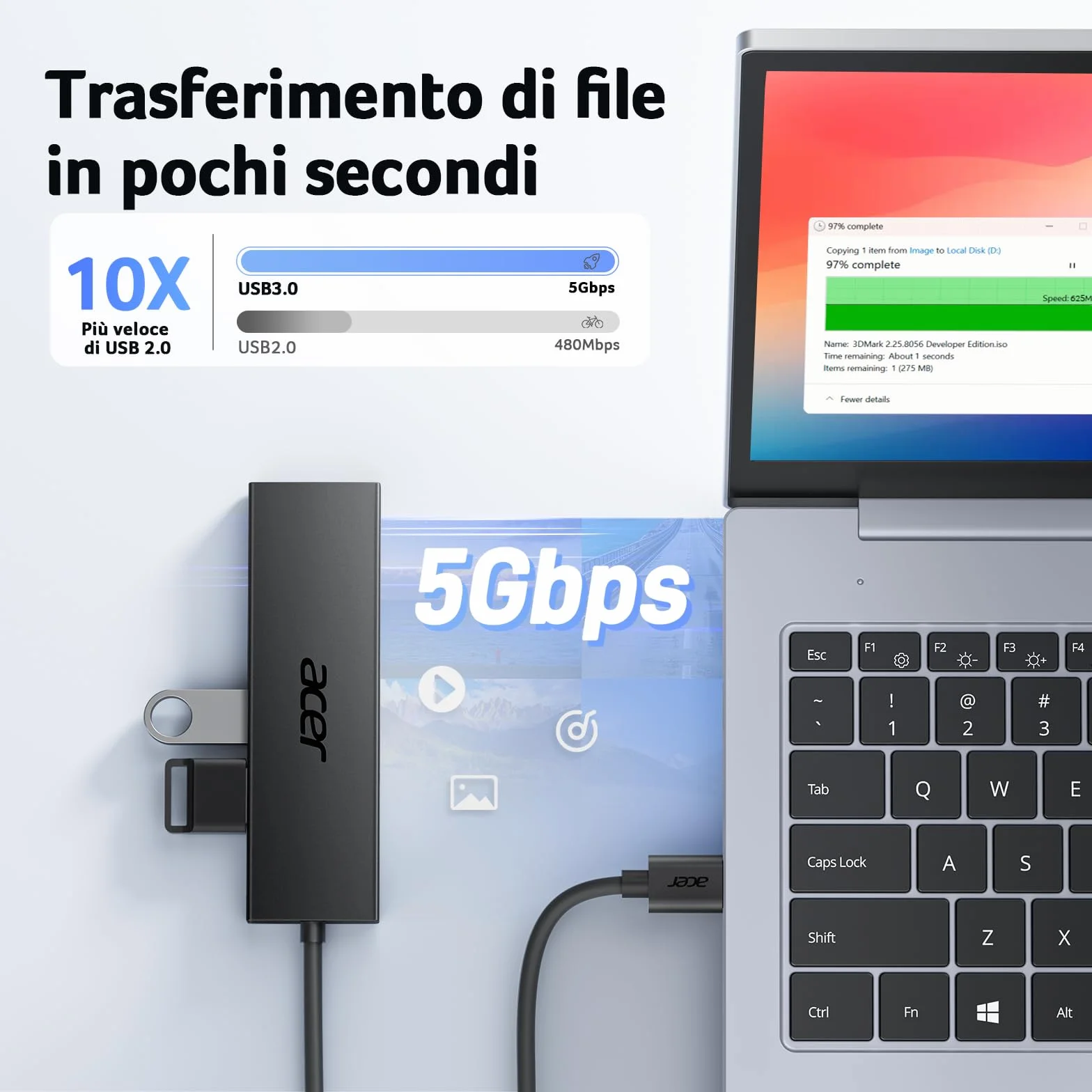 Acer Hub USB 3.0 5 Porte 5Gbps Sdoppiatore Multi USB Adattatore Alta Velocità