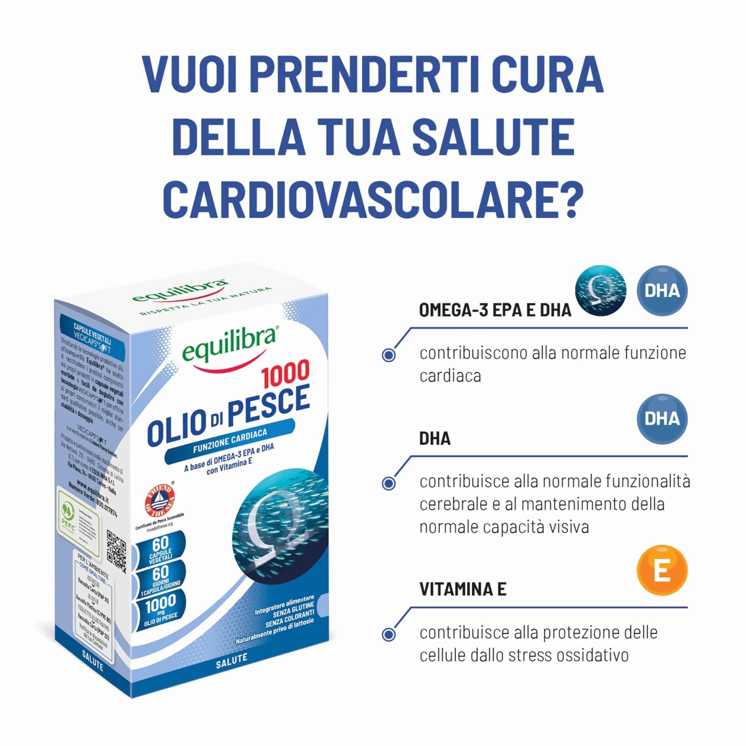 Equilibra Olio di Pesce 1000 Integratore Omega-3 EPA DHA Vitamina E 60 Capsule Vegetali