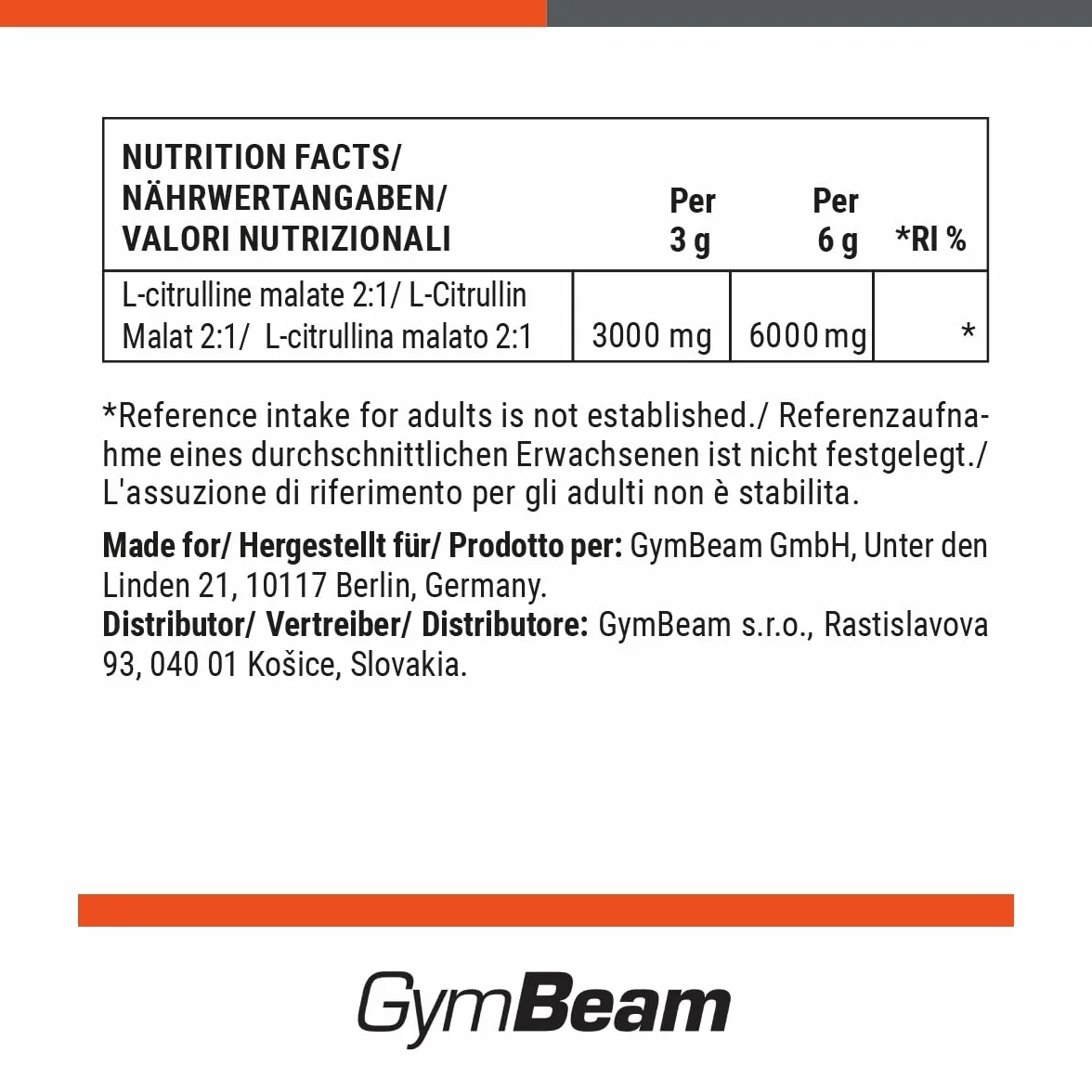 GymBeam Citrullina Malato in Polvere 3000 mg L-Citrullina e Malato Pre Workout 250 g Lemon-Lime
