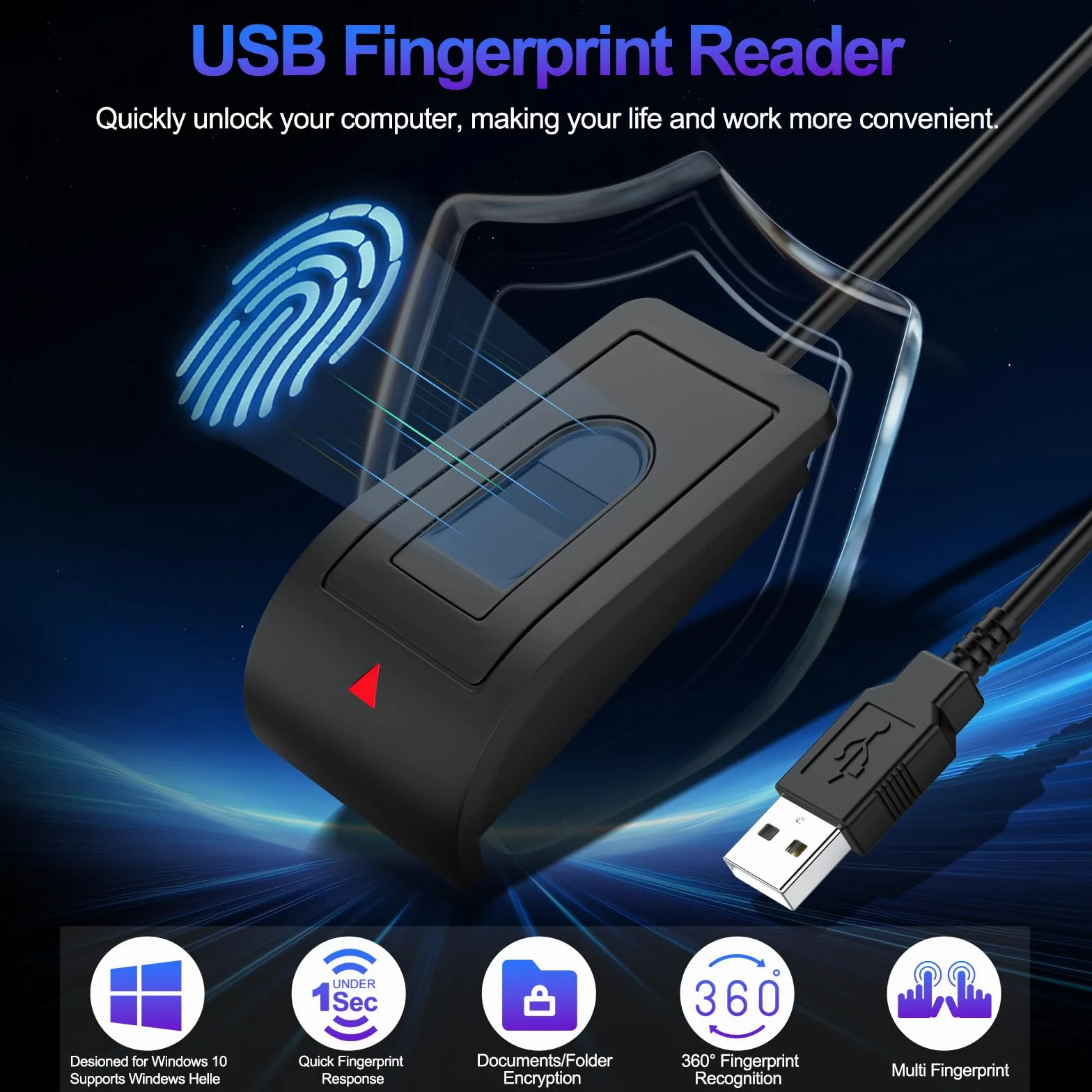 Rocketek Lettore Impronte Digitali USB-A per Windows 10/11, Sensore di sicurezza con cavo di prolunga (1,5 m),360 Gradi lettore impronte digitali funzionamento senza password,Supporta fino a 10 ID