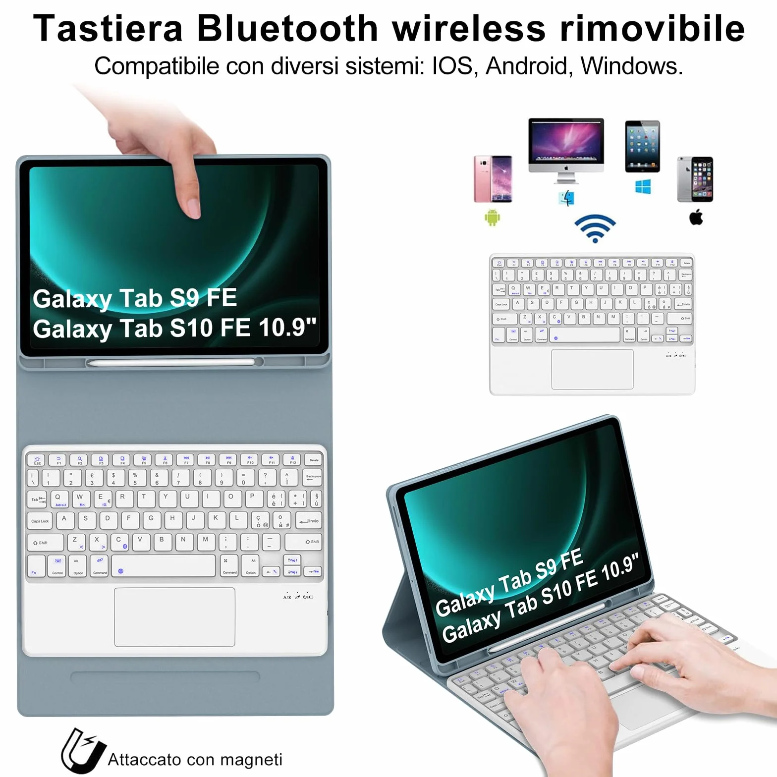 IVEOPPE Tastiera per Samsung Galaxy Tab S9 FE/S10 FE 10.9"/S9 11" con Touchpad, Cover Tastiera Trackpad Italiana Bluetooth per Samsung Galaxy Tab S9 2023/S9 FE 2023/S10 FE 2025, Blu Nebbioso