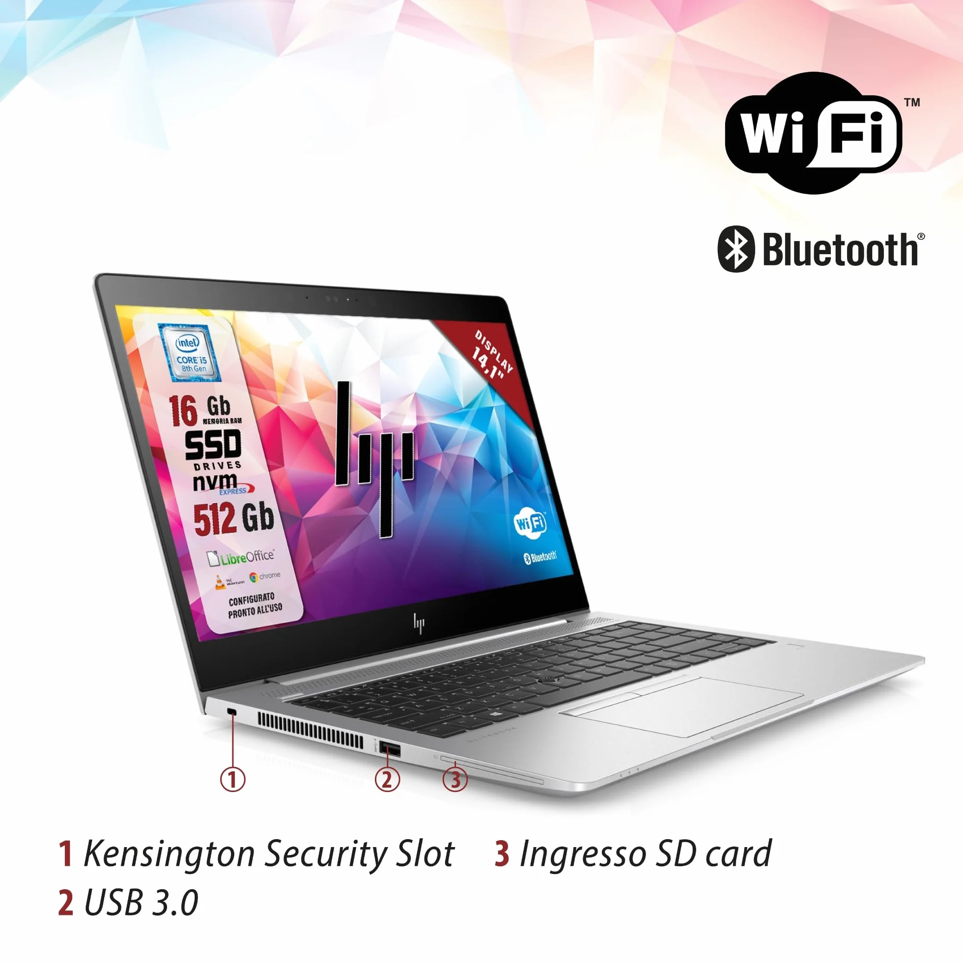 HP Elitebook 14.1" Intel i5-8th Gen 1.7GHz 16GB RAM 512GB SSD Notebook W11 LibreOffice Ricondizionato