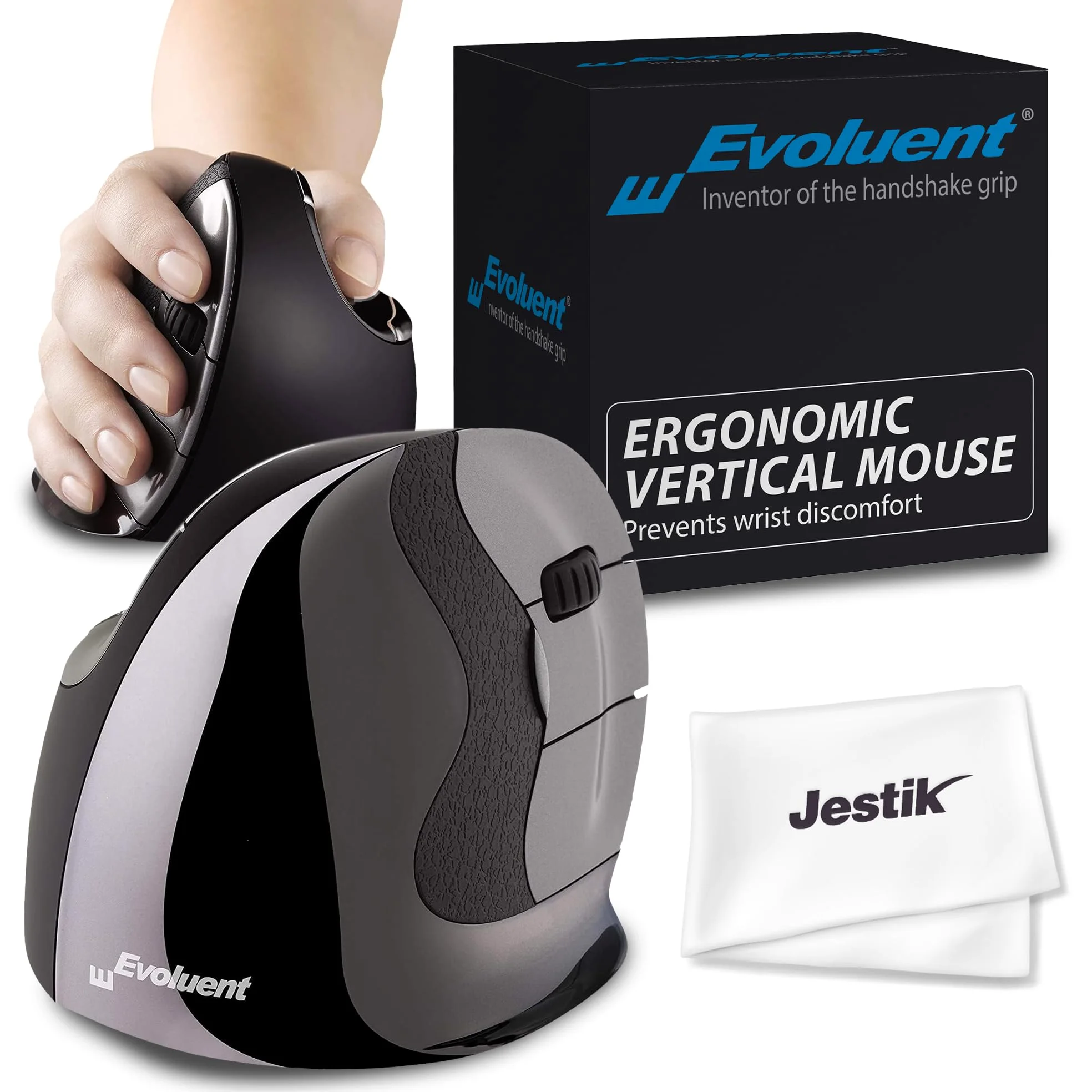 Evoluent VMDM VerticalMouse D - Mouse ergonomico con connessione USB cablata e panno in microfibra Jestik